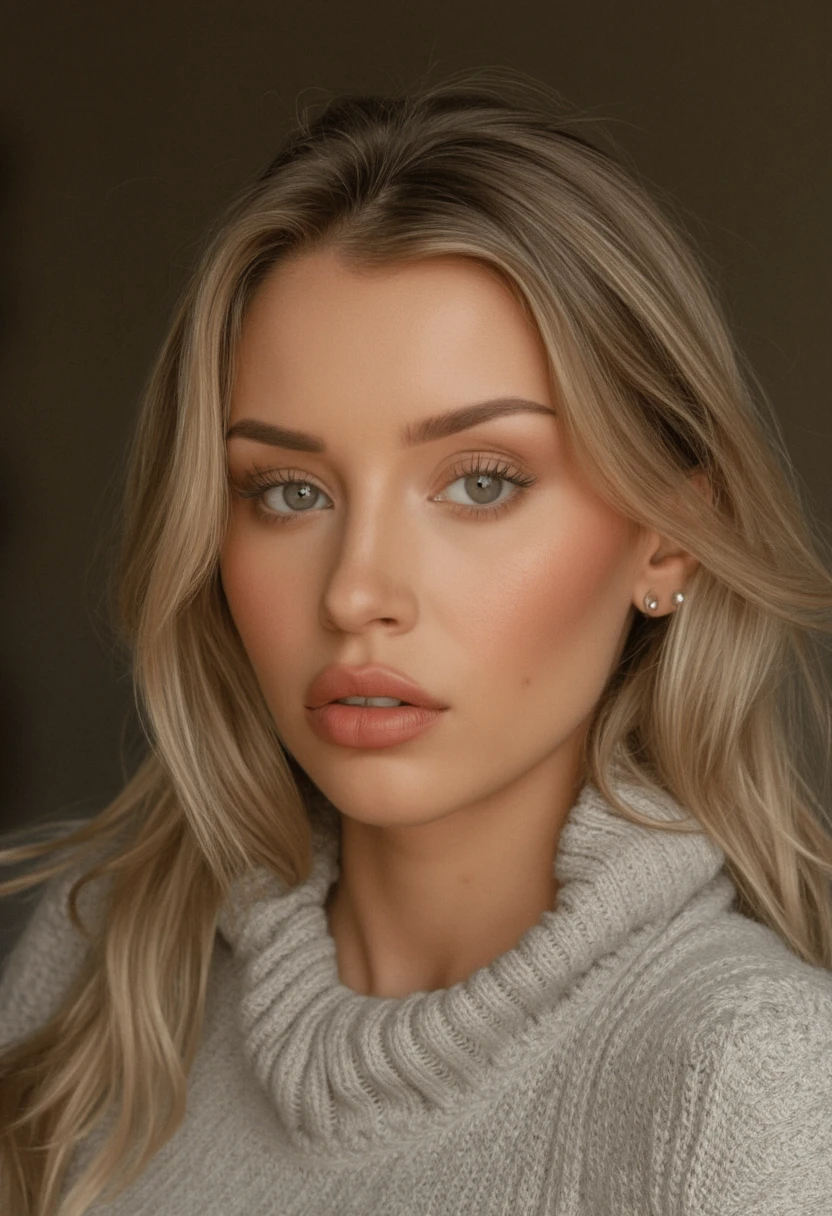 MikaylaDemaiter, 8k, 4k. Ultra high definition and ultra realistic and ultra high quality portrait photo of an incredibly beautiful woman. She is wearing a sweater and staring at the viewer intently.