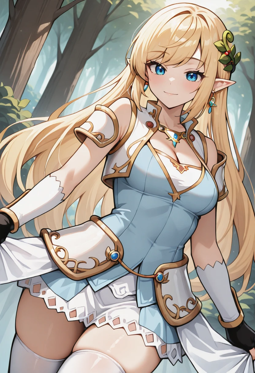 masterpiece,best quality,absurdres,perfect lighting,fantasy,forest,
*//*,<lora:Mercedes_Illustrious:1>,mercedes_elf,1girl,elf,pointy ears,blonde hair,long hair,blue eyes,cleavage,medium breasts,thighhighs,dress,zettai ryouiki,armor,black gloves,fingerless gloves,hair ornament,earrings,jewelry,reef hair ornament,light smile,
*//*,cowboy shot,dutch angle,