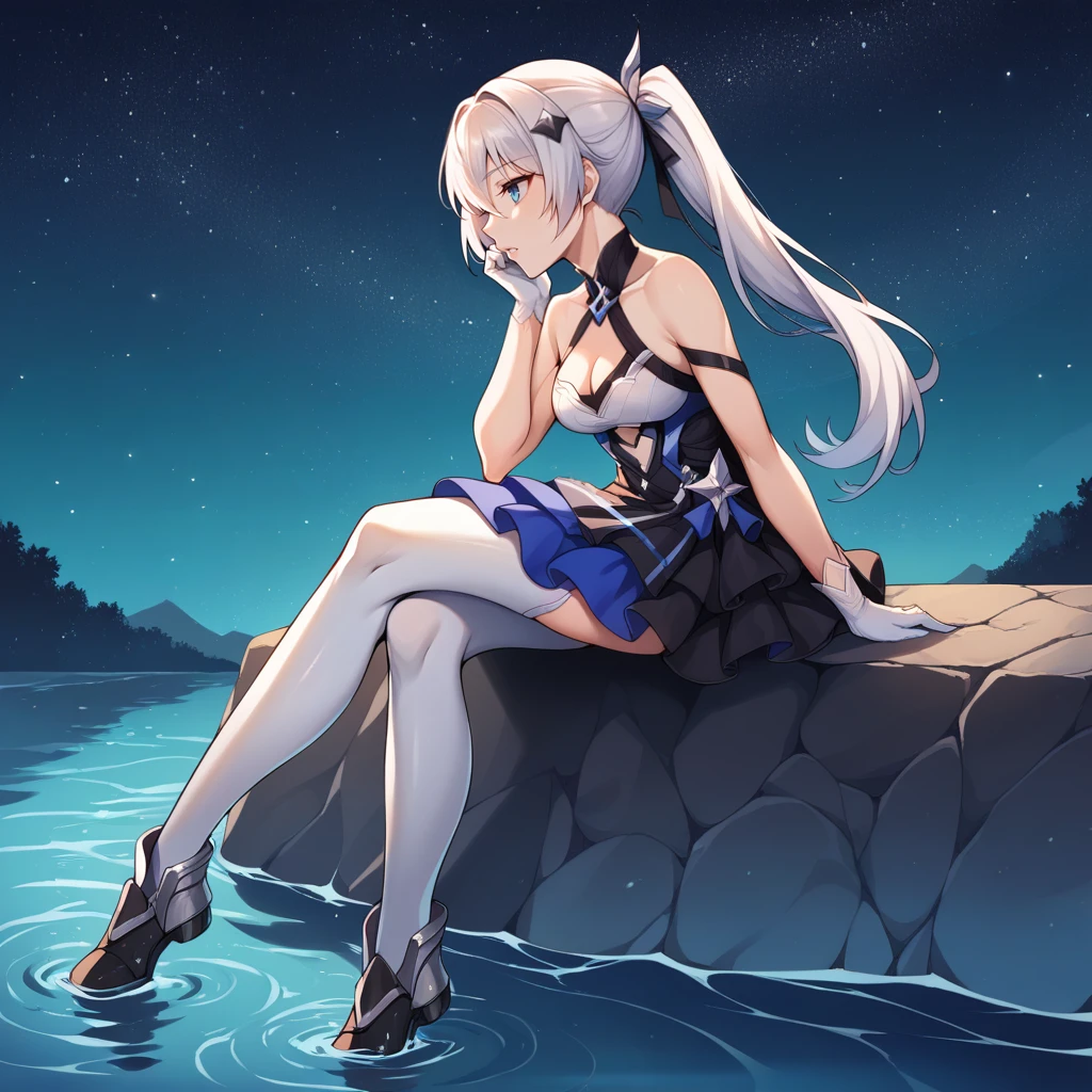 score_9_up, score_8_up, score_7_up, source_anime, 1girl, solo, sitting on water, still water, night, night sky, night time, starry sky, from side, bend knees, angled shot, full body, looking up at sky, parted lips, arm rest, theresa apocalypse, white hair, blue eyes, Teri, Fol002, Tr_Twp, ponytail, high-waist dress, alt black dress, frilled skirt, asymmetrical skirt, blue skirt, two-tone skirt, blue trim, center cutout, blue gem, alternate white thighhighs, alternate thighhighs, gloves, white gloves, horn hair ornament, alt halterneck, cleavage, white chestplate, bare shoulders, armband, armored shoes