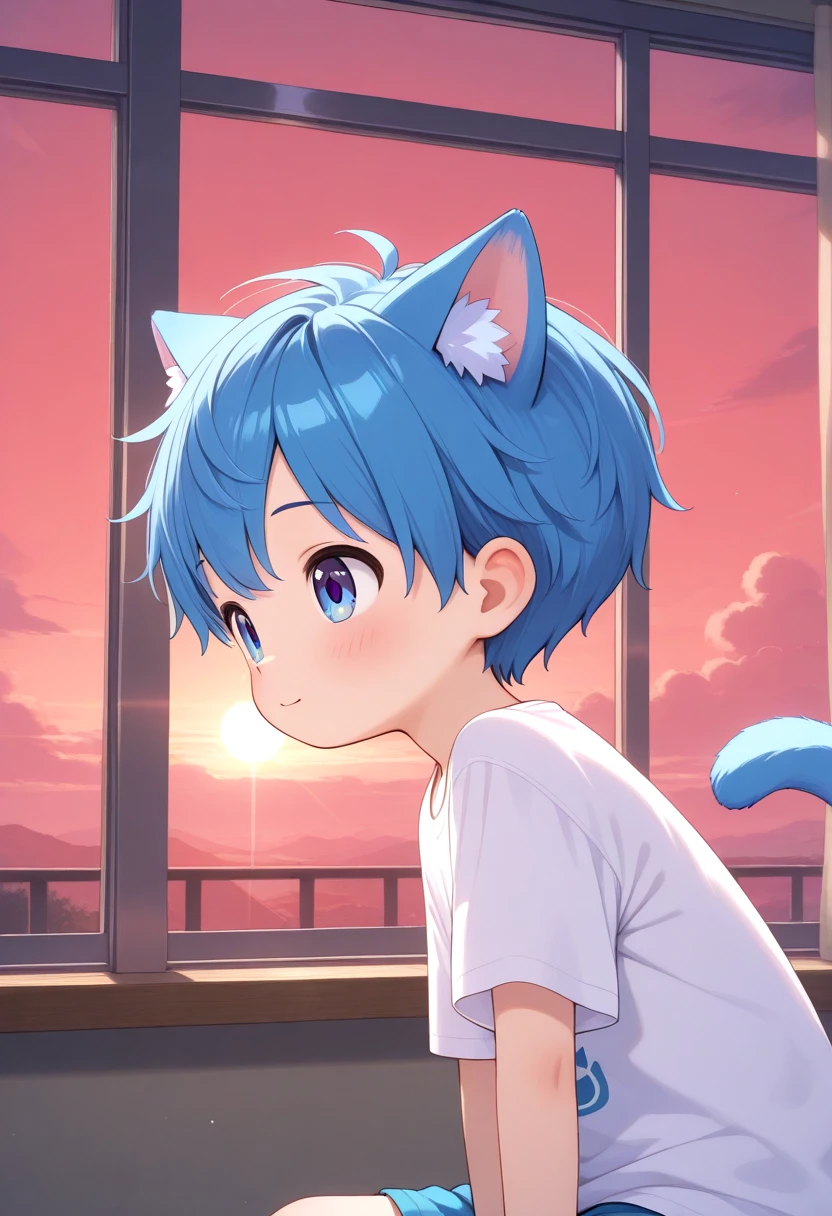 <lora:cutifiedanimecharacterdesign_variant_type_G_IL_v10:1>
1boy, type-g, cat boy, blue hair, loved face expression, outdoor, inside, window, shirt, shorts, sunset, red sky, tail,