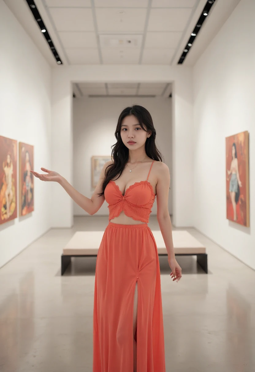 An hyper-realistic full body shot photo of a young Korean woman with platinum black hair and brown eyes. She has very large breasts, large ass, slim waist and wide hip. She is wearing a bright coral chiffon dress with a strapless bodice and a flowing skirt. The sheer material clings lightly to her figure, while a thigh-high slit reveals her legs. The vibrant color and lightweight fabric create a playful yet seductive look. A spacious art gallery features polished white walls, minimalist sculptures, and large canvases hung strategically under focused track lighting. A sleek bench in the center invites visitors to pause and take in the art, with the open layout enhancing the feeling of space. The camera is positioned close to her hand, capturing the moment she reaches out while the rest of her figure blurs into the background. The shot is a back-to-front view with a 70-200mm lens, keeping both the subject and the background in subtle focus. <lora:east_body_rank32_bf16:0.7>,  <lora: - Flux1 - soothing_atmo_V1.0:0.3>,