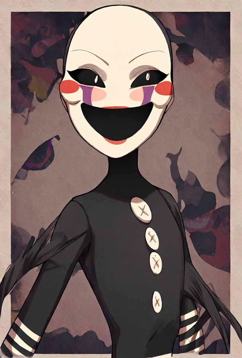<lora:puppet-10:1> puppet, solo, 1girl, mask, black bodysuit, smile, open mouth, blush stickers, striped, purple tear streaks, slender, skinny, long limbs, detailed background, simple background, abstract background, upper body, thick borders, portrait, posing,, masterpiece, best quality, amazing quality, very aesthetic, absurdres, newest,