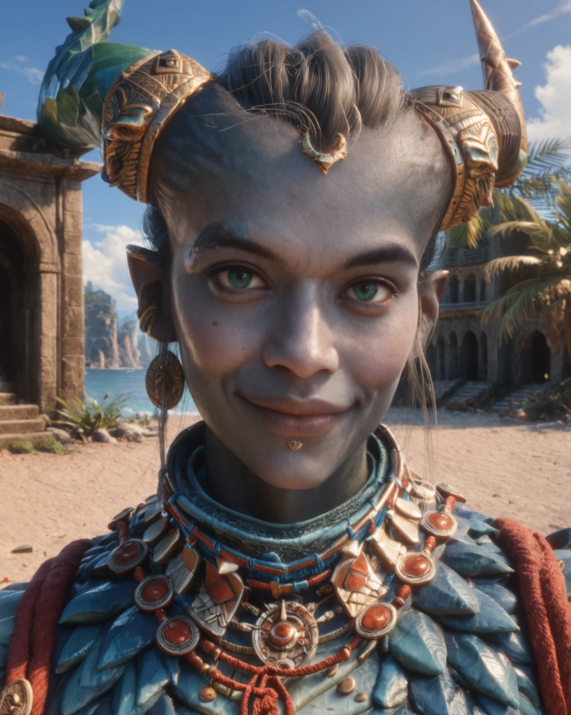 score_9, score_8_up, score_7_up, intricate details, rating_questionable, high resolution, detailed face,
<lora:Taash:0.8>,
1girl(Taa5h, dragon_brea5tplate, teal eyes, blue-grey skin, broad shoulders, muscular, solo, dark brown pants,
face focus, portrait,
8k,
looking at viewer, slight smile),
partial side view, sunshine, summer, tropical ocean coast, ruins, palms, fertile, detailed background, depth of field,
<lora:ral-chrosc-clr:0.5>, ral-chrosc-clr,
<lora:Expressive_H:0.5>, Expressiveh,
<lora:xl_more_art-full_v1:0.3>,
<lora:add-detail-xl:0.3>
