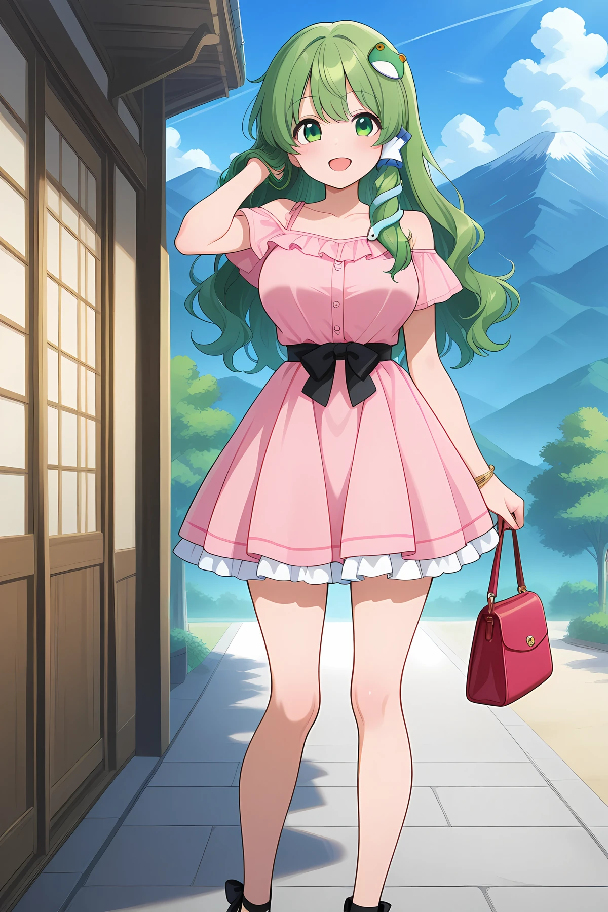 absurdres, highres, masterpiece, best quality, amazing quality, official anime artwork, screencap, anime screencap, outdoors, looking at viewer, open mouth, smile, mountain of faith,
<lora:Sanae-Kochiya_Illustrious:1> kochiya sanae, 1girl, solo, green hair, long hair, green eyes, skinny, large breasts,, frog hair ornament, hair tubes, snake hair ornament, kochiya sanae \(nighttime breath of fresh air\), adjusting hair, alternate hairstyle, bare arms, bare legs, bare shoulders, black bow, black sash, bow, bracelet, collarbone, dress, frilled dress, frills, high heels, holding, jewelry, pink dress, pleated dress, pocketbag, ringlets, sash, short dress, short sleeves, sidelocks, star \(symbol\), wavy hair