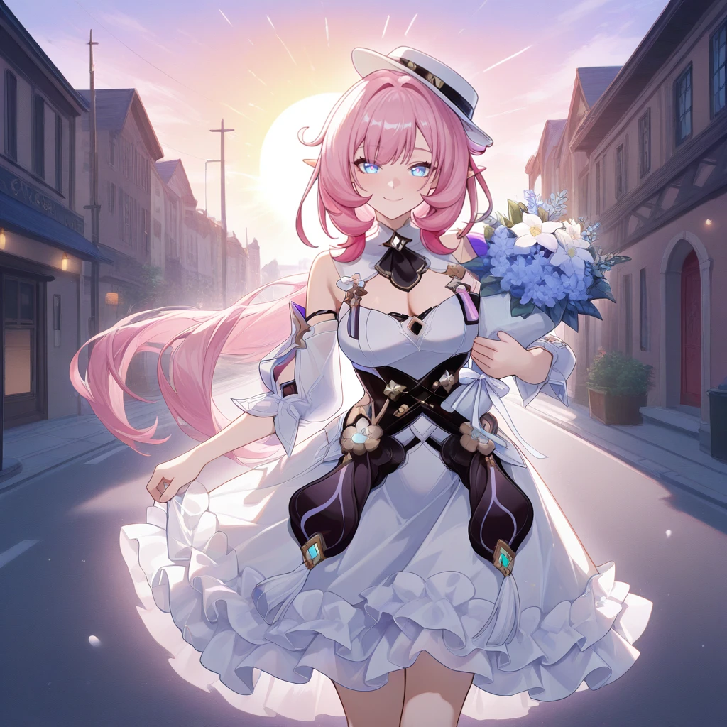 masterpiece, best quality, ultra-detailed, very asthetic, year 2023, very aesthetic, newest, scenery, highres, 4k, absurdres, 8k, colorful,vibrant, glowing, perfect face, 2d, perfect eyes, detailed eyes, 1girl, solo, sun, street view, holding bouquet with both hands, from front,, slight blush, embarrassed smile, looking at viewer, mouth covered by bouquet, elysia (honkai impact), Elys, Fol002, Ely_Caf, pointy ears, long hair, low ponytail, pink hair, blue eyes, white capelet, capelet, white headwear, hat, black ascot, cleavage cutout, sleeveless dress, white dress, frilled dress, alt long skirt, alternate white skirt, detached sleeves, alternate white sleeves, sleeves past elbows, white ribbon, alternate ribbon, alt black corset, alt corset, masterpiece, best quality, ultra-detailed, very aesthetic, newest, scenery, absurdres, perfect anatomy, perfect legs, perfect face, perfect eyes,