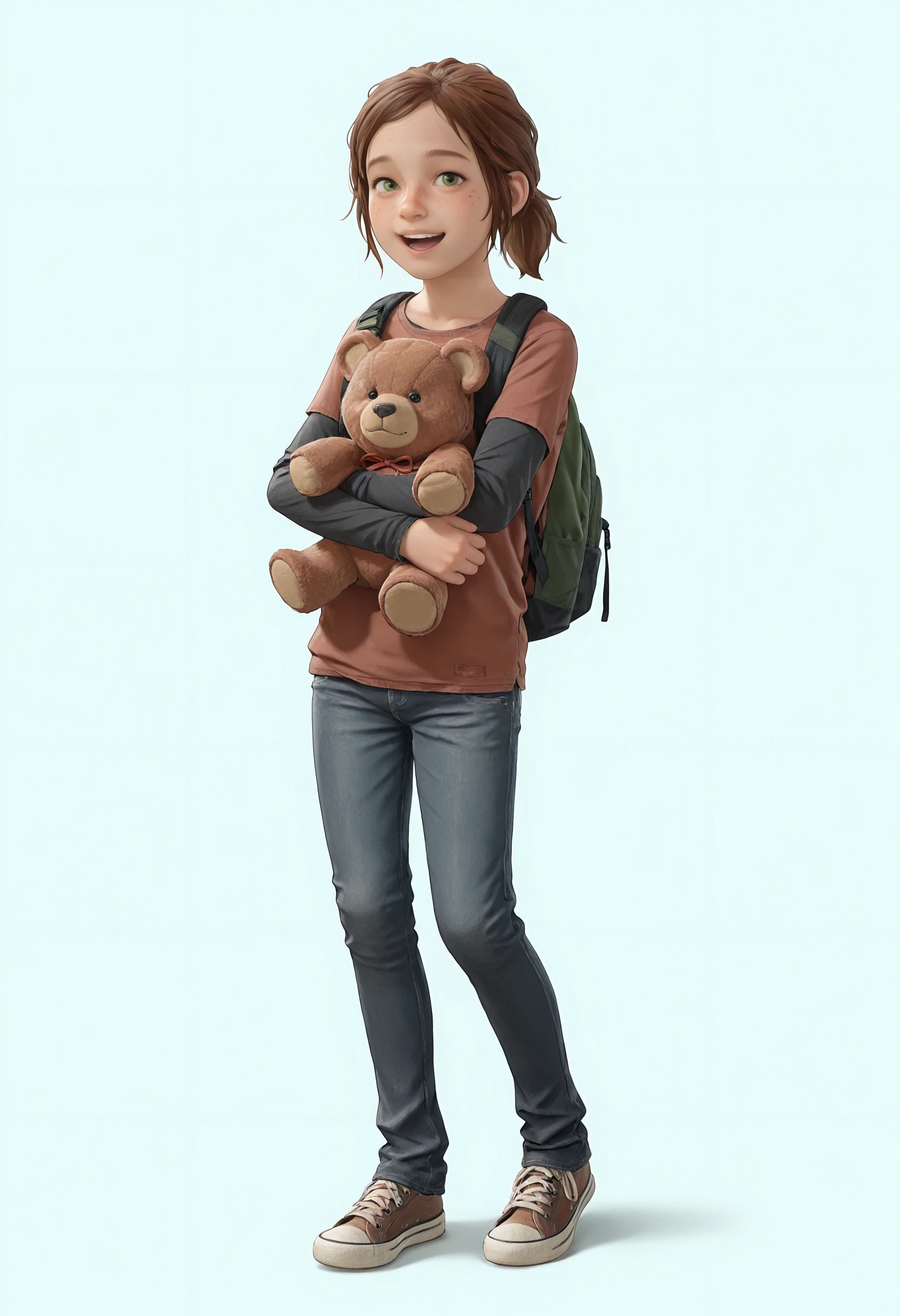 masterpiece, best quality, amazing quality, very aesthetic, absurdres, newest, <lora:EllieTLOU1ILf:0.75> ellif, 1girl, brown hair, short hair, ponytail, freckles, green eyes, shirt, layered sleeves, backpack, denim, pants, shoes, full body, looking at viewer, hugging, teddy bear, :D,
light blue background, simple background,