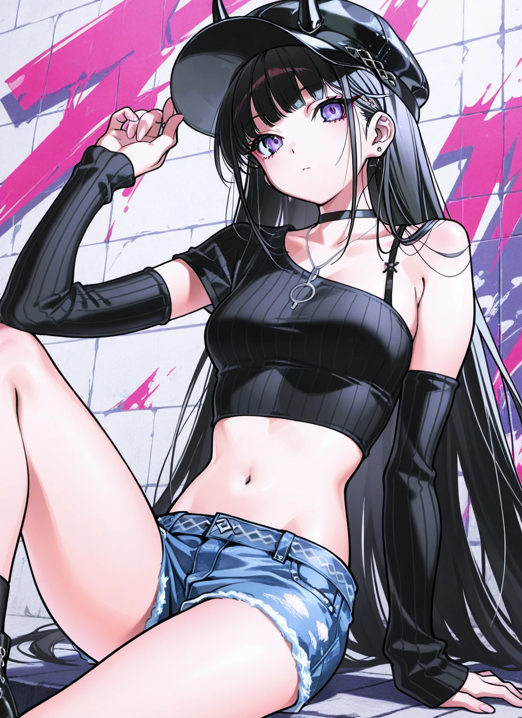 <lora:noshiro_IL_v1.0:1>,noshiro \(dressed-up date\) \(azur lane\),crop top,baseball cap,denim shorts,detached sleeves,sitting,fashion,solo,yoneyama mai,, masterpiece,best quality,