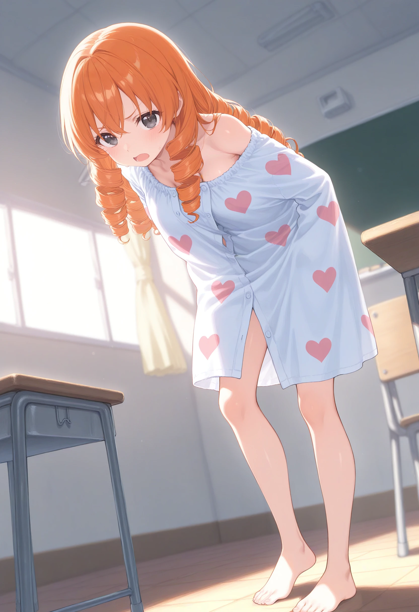 1girl,(sho \(sho lwlw\):0.7),(toosaka asagi:0.5),(sincos:0.3),solo,
masterpiece, best quality, newest, absurdres, CG, anime, source anime, illustration,medium breasts,
wrap towel, classroom, blush, indoors, barefoot, school desk, undressing, chair, <lora:wraptowel_Illust_v1:0.8>
standing,heart print,
from below, fisheye lens, looking at viewer, orange hair, black eyes,frown, open mouth, ringlets hair,,