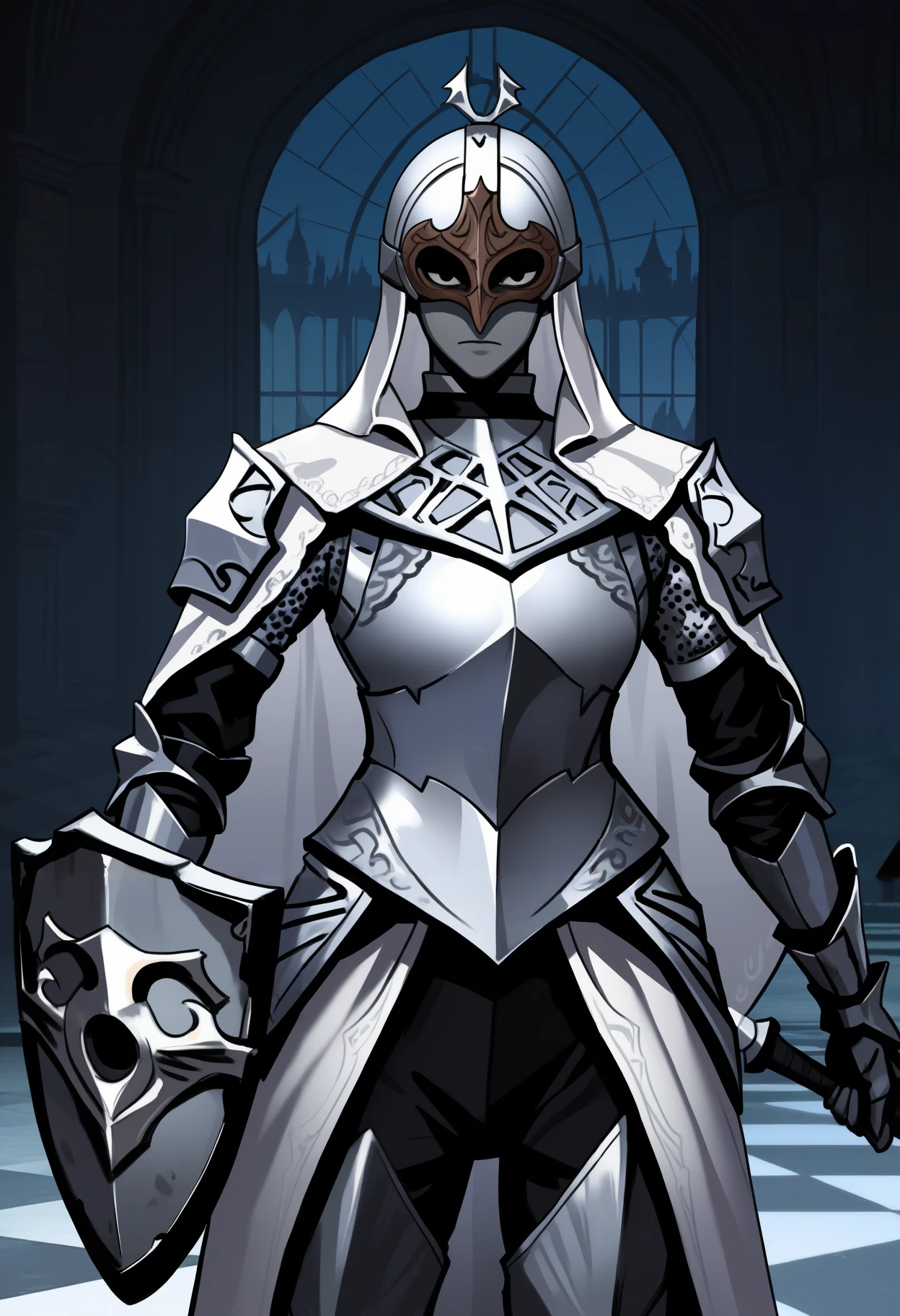 masterpiece, best quality, newest, hdr, night, castle, checkered floor, indoors, pillar, window, closed mouth, 1boy, solo, expressionless, looking at viewer, eztmnzrth, colored skin, grey skin, white veil, white capelet, helm, eye mask, covered eyes, breastplate, chainmail, shoulder armor, gauntlets, faulds, waist cape, white cape, greaves, cowboy shot, fighting stance, straight-on, holding sword, holding shield,
<lora:Throne Watcher:0.8>