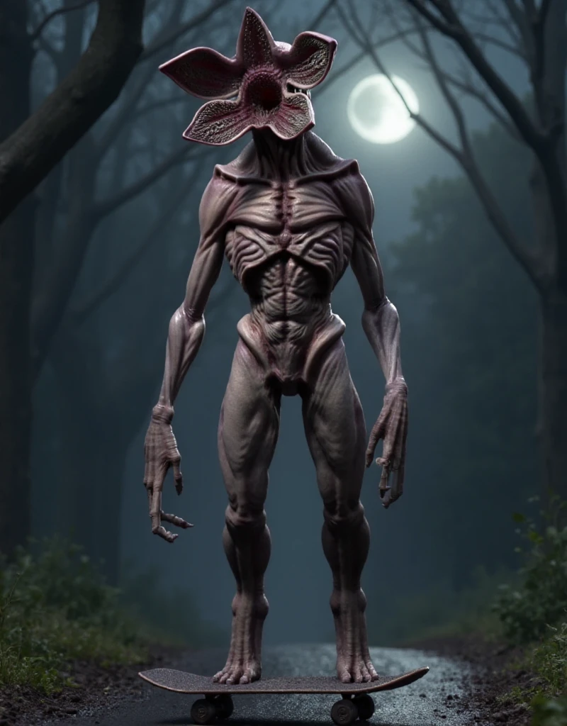 <lora:Demogorgon:0.9> demogorgon, full body, a creature with a very large flower head and a creepy body. It's wet and dripping. It's skateboarding a dark forest at night. Full moon