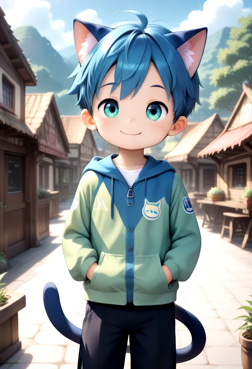 <lora:cutifiedanimecharacterdesign_variant_type_G_IL_v10:1>
straight on shot, standing,detailed eyes, village,
1boy, type-g, cat boy, blue hair, happy pose, loved face expression, outdoor, tail, hoodie, hood down, hands in pocket, long pants