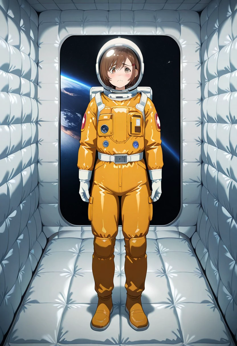 official art, masterpiece, best quality, absurdres, very aesthetic, 1girl, solo, female focus, misa_GB, brown eyes, frown, worried, looking at viewer, spacesuit, space helmet, spacecraft interior, full body, standing, padded walls