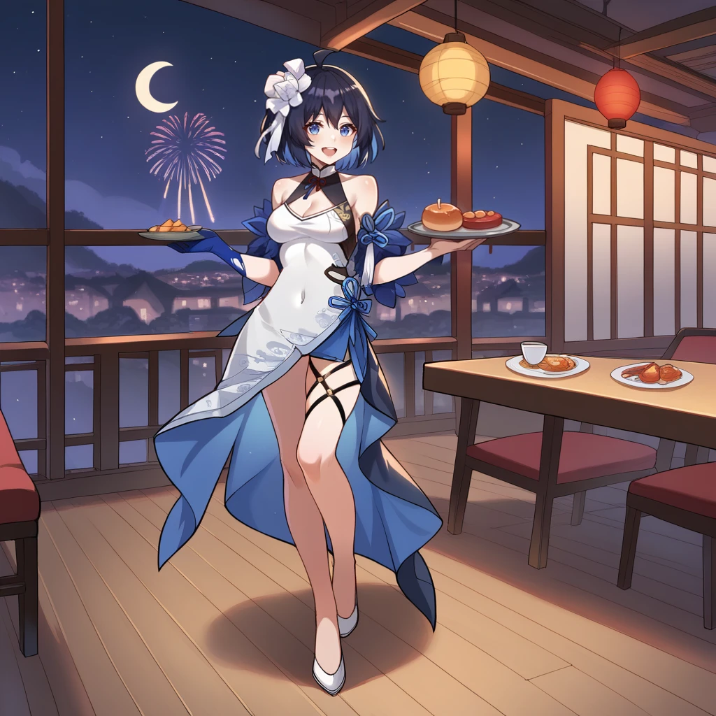 score_9_up, score_8_up, score_7_up, source_anime, 1girl, solo, Chinese restaurant, window, fireworks, night time, night, night sky, starry sky, moon, holding tray, food on tray, walking, detailed background, restaurant background, full body, white shoes, excited smile, half-opened mouth, short hair, blue eyes, looking at viewer, angled shot, seele vollerei, SelVel, Fol002, Sel_Scn, black hair, blue hair, colored inner hair, china dress, alternate white dress, covered navel, criss-cross straps, cleavage, multiple thigh straps, blue underskirt, blue ribbon, long skirt, white collar, side slit, white flower hair ornament, white tassel, alt halterneck, bare shoulders, blue detached sleeves, blue short sleeves, blue feather boa, blue flower, single elbow glove, blue gloves,