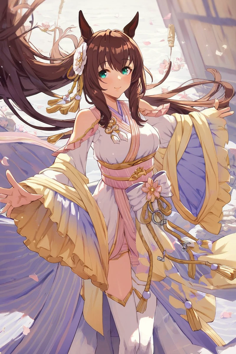 score_9, score_8_up, score_7_up, rating_safe, masterpiece, best quality, absurdres, source_anime,
maruzensky \(umamusume\), 1girl, horse ears, long straight hair,smile, looking at viewer, outstretched arms, hair ornament, bare shoulders, closed mouth, gold trim white thighhighs, light purple zouri, wide sleeves multicolored kimono, shoulder cutout, pink obi, waist ribbon, new year clothes,cowboy shot,
<lora:pony_maruzensky_v1.0:1>