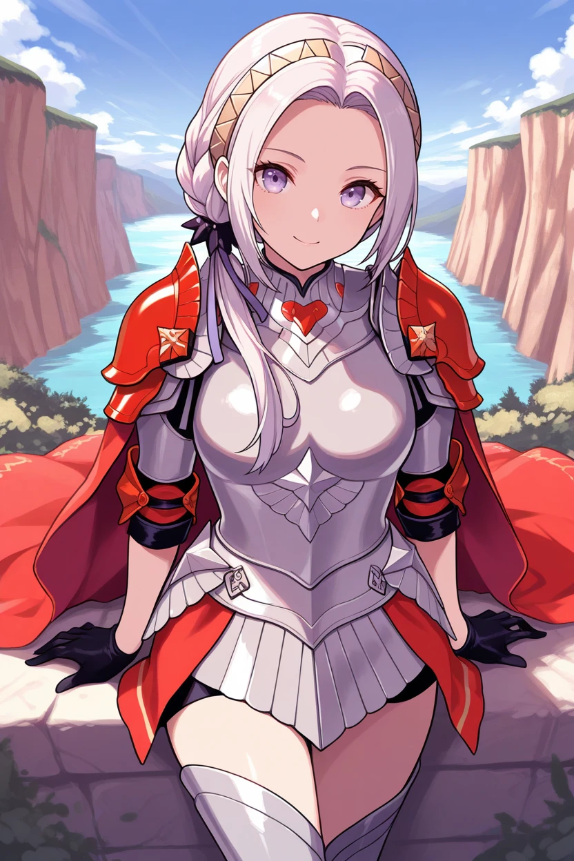 masterpiece, best quality, 1girl, solo, <lora:feedelgard-illu-nvwls-v1-000006:1> 3hedel, crown braid, low ponytail, sidelocks, purple eyes, gold hairband, purple ribbon, red pauldrons, red cape, grey armor, black gloves, armored legwear, plateau, blue sky, clouds, looking at viewer, smile, cliffs