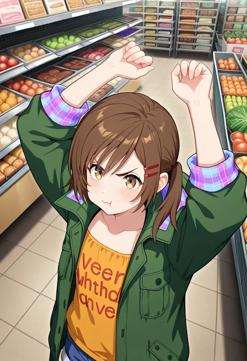 official art, masterpiece, best quality, absurdres, very aesthetic, 1girl, solo, female focus, misa_GB, brown eyes, brown hair, flat chest, hair ornament, hair clip, asymmetrical hair, short twintails, green jacket, hooded jacket, open jacket, collared jacket, blue plaid hood, blue plaid sleeve cuffs, collarbone, orange shirt, low-cut shirt, text print, clothes writing, denim shorts, upper body, angry, (from above:0.5), outdoors, shopping center, arms above head, pout