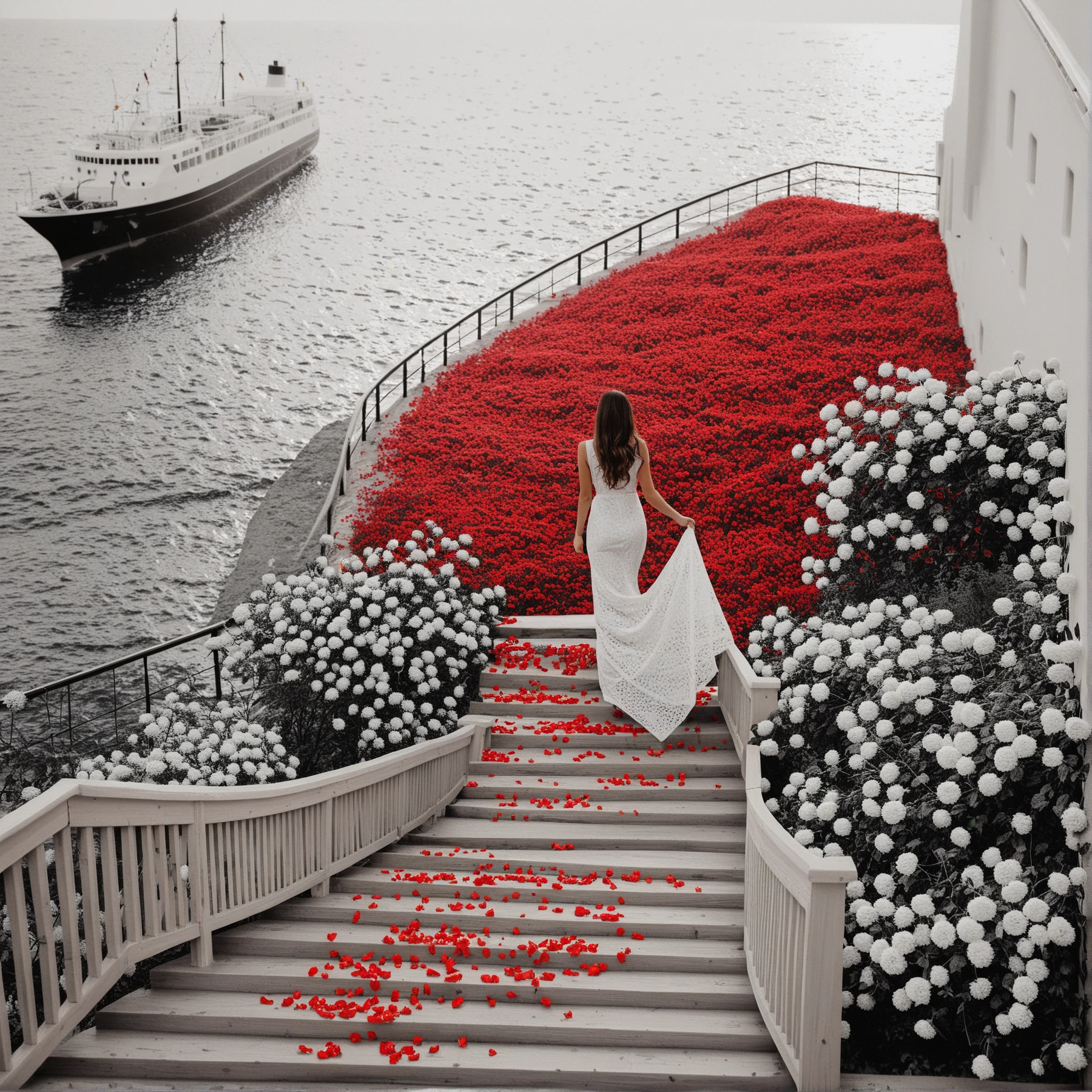 black-and-white pencil, black and white tone, beautiful girl, in a lush dress of red flowers, with a long train of flowers ascends the stairs, petals, sunset, sea, ship with scarlet sail, hyper-detailing, vivid colors, best quality<lora:Positive_Astigmatism_0.6_SDXL:1><lora:Astigmatism_-0.6b:-0.6><lora:Astigmatism_-0.5b:-0.6>