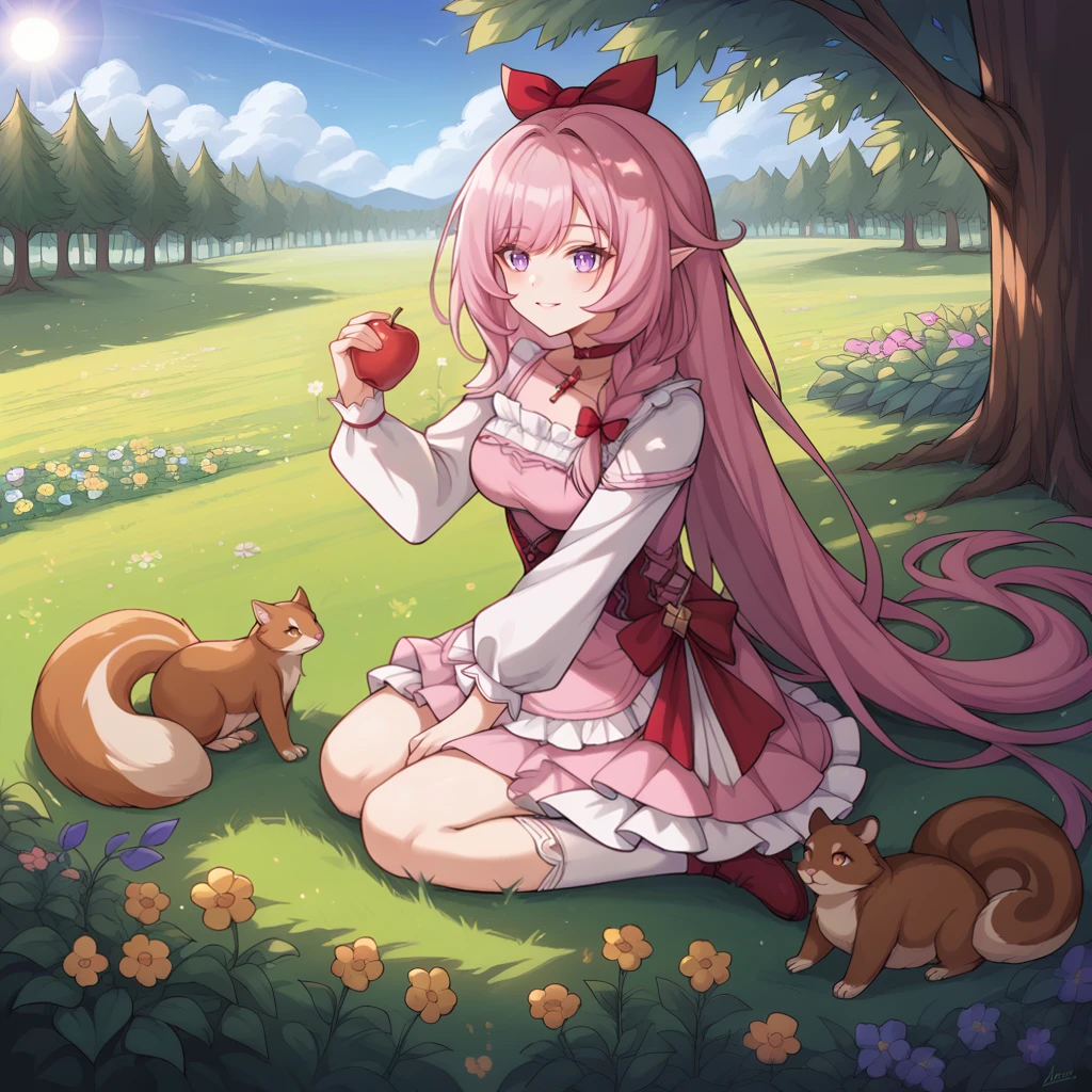 score_9_up, score_8_up, score_7_up, source_anime, 1girl, solo, flower field, sun, day, sky, clouds, bushes, trees, animals, sitting on knees on grass, feeding animals, gentle smile, looking at animals, squirrel, from above, angled shot, red mary janes, holding apple,forest, deep forest, sunlight through leaves, flowers, too many flowers, elysia (honkai impact), Elys, Fol003, Ely_Spr, long hair, pink hair, pointy ears, purple eyes, hair ring, braid, red ribbon, alternative ribbon, alt hair bow, red choker, pink dress, layered dress, layered skirt, cross-laced corset, red corset, alt frills, multicolored skirt, alternate frilled skirt, pink ribbon, puffy long sleeves,