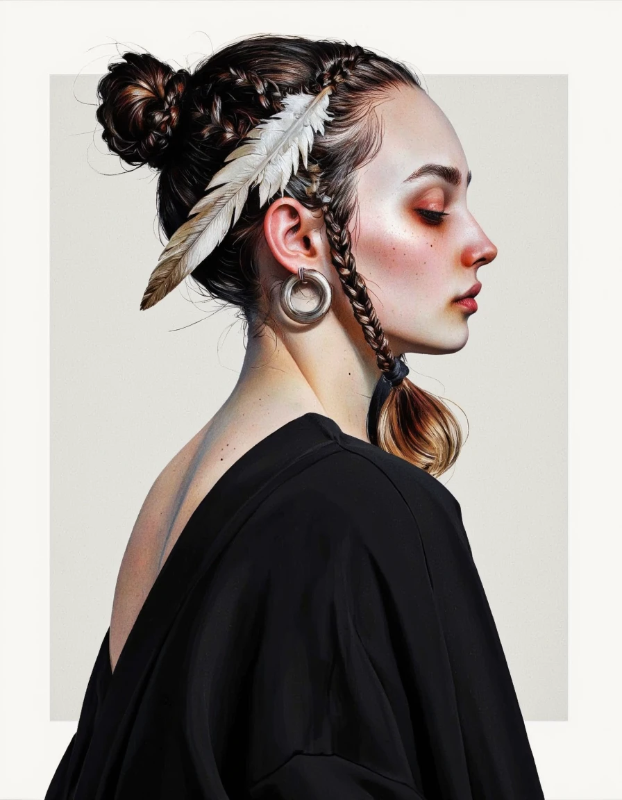 By Laura H. Rubin. A digital illustration shoot from a profile camera angle about a stylized portrait of a woman with intricate braided hair and a feather in her hair. the image also shows a minimalist background with a plain light color. on the middle of the image, a woman appears to be in her late 20s, with a slim body, wearing a black kimono and large hoop earrings. her hair is styled in a single braid, tied up in a bun with a feather on the side. her eyes are closed, and she has a serene expression on her face. she is facing away from the viewer, with her upper body visible. her facial features are delicate, with freckles on her cheeks and a subtle blush on her eyelids. the overall aesthetic is minimalistic and artistic. <lora:Laura_H._Rubin:0.95>