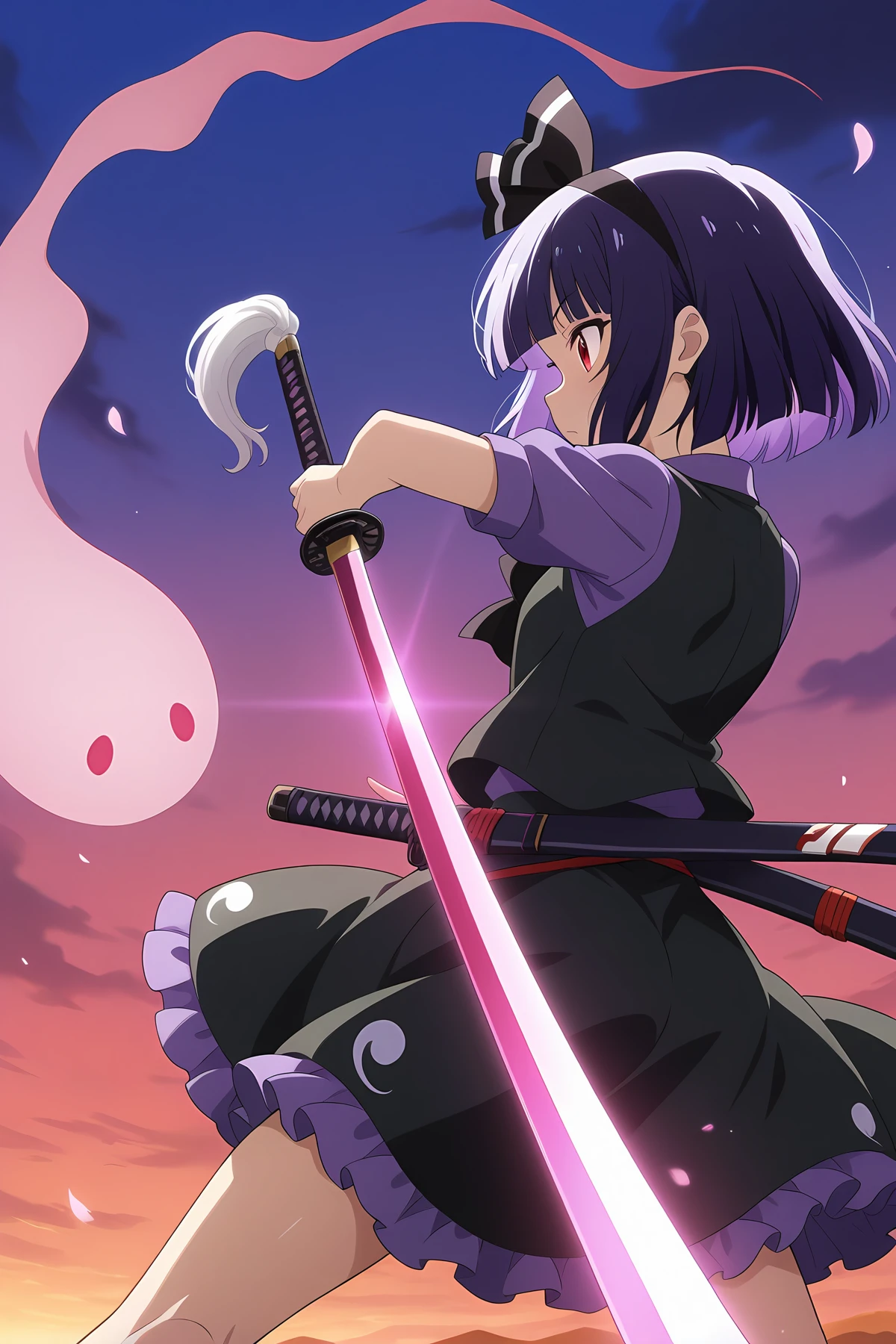 absurdres, highres, masterpiece, best quality, amazing quality, official anime artwork, screencap, anime screencap, outdoors, Hakugyokurou,
<lora:Youmu-Konpaku_Illustrious:1> konpaku youmu, 1girl, solo, purple hair, black hair, red eyes, short hair, blunt bangs,, konpaku youmu \(mysterious sword master\), alternate color, alternate hair color,hairband, hair ribbon, black ribbon, black bowtie, dark purple shirt, collared shirt, black vest, black skirt, frilled skirt, purple frills, light particle, ghost, katana, dynamic pose, from behind,