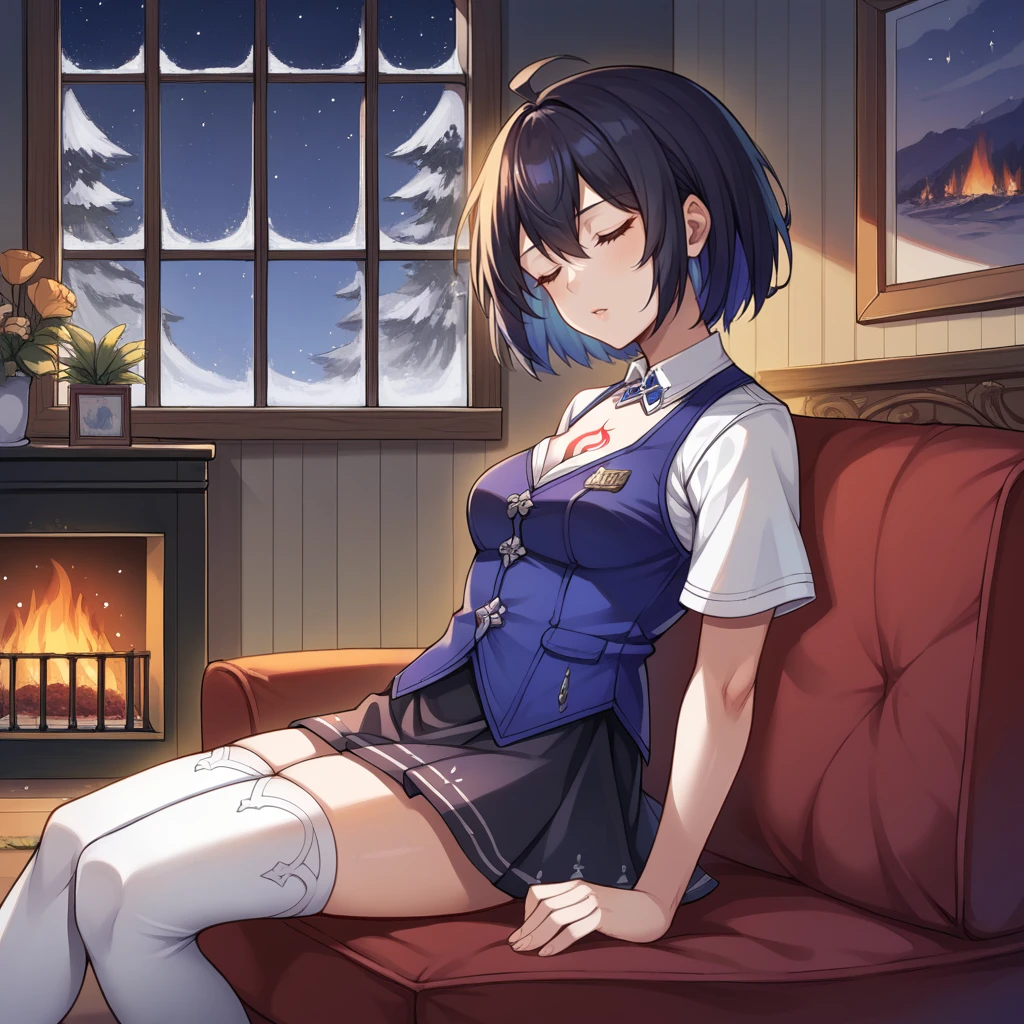 score_9_up, score_8_up, score_7_up, source_anime, 1girl, solo, living room, sitting on couch, from side, angled shot, cowboy shot, cozy, dimmed light, (fireplace)++, legs together, snowing, night, night time, sleeping, closed eyes, head tilt, hands on lap, window, living room, indoors, detailed background, night sky, moon, seele vollerei, black hair, blue hair, short hair, colored inner hair, SelVel, Fol001, Sel_Azu, chest tattoo, red tattoo, white shirt, off-shoulder shirt, blue vest, vest, black skirt, piano print, short sleeves, white sleeves, detached collar, white collared collar, cleavage, shirt under vest, alt white thighhighs, alt thighhighs,