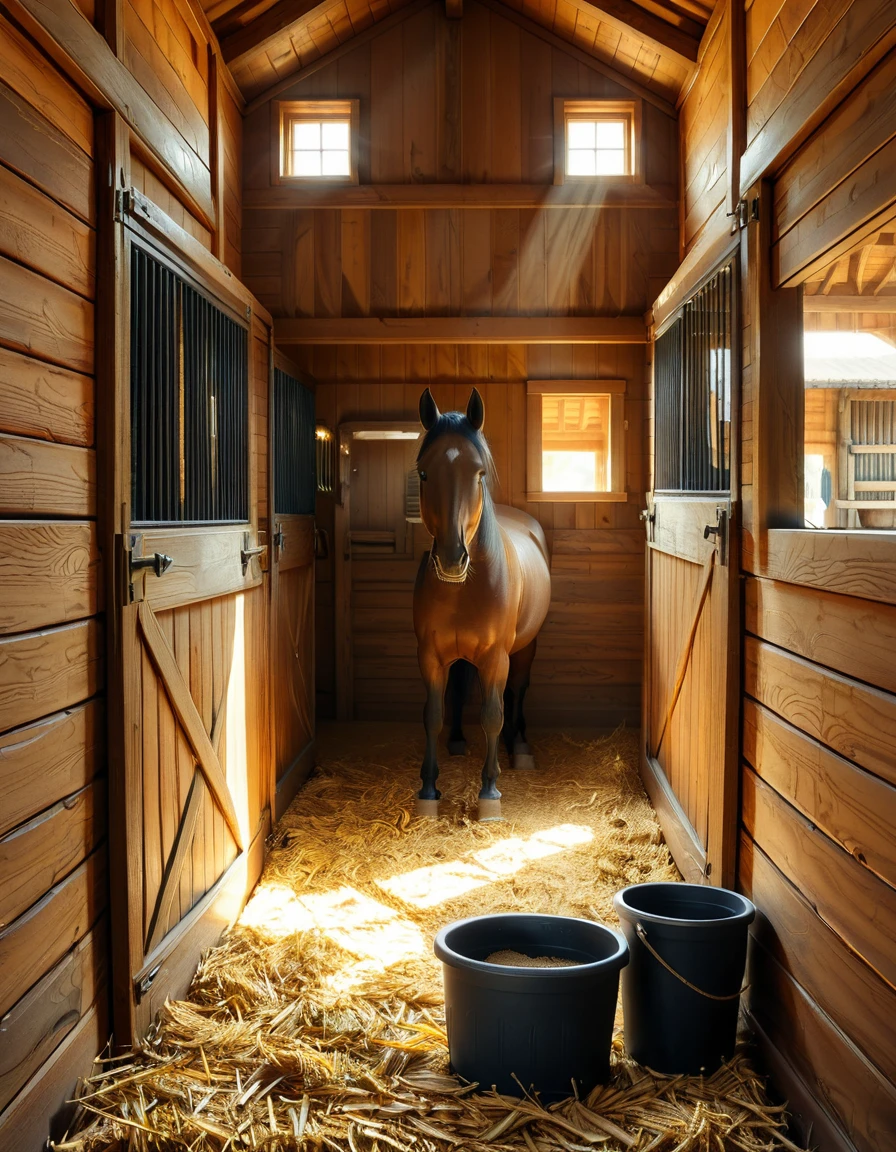 looking at viewer,A woman,straight long black hair, standing inside a rustic horse stall,h0rs3 st4ll, wearing a dusty and slightly worn denim work overall. She has a focused expression on her face.The light filtering in through the wooden slats of the barn creates a warm, golden glow, highlighting small specks of dust floating in the air. In the background, the stall walls are made of aged wooden planks, and a horseâs head can be faintly seen peeking through the open top of the adjacent stall. The atmosphere is earthy and authentic, emphasizing rural farm life. The style is realistic with high attention to detail, natural lighting, and a cozy, slightly nostalgic tone.<lora:SDXLFaeTastic2400:0.4> <lora:extremely_detailed:0.4> extremely detailed, <lora:h0rs3_st4ll:1>, Masterpiece,best quality,hi res,8k,hi res,8k,award winning,(sharp focus, intricate, highly detailed),