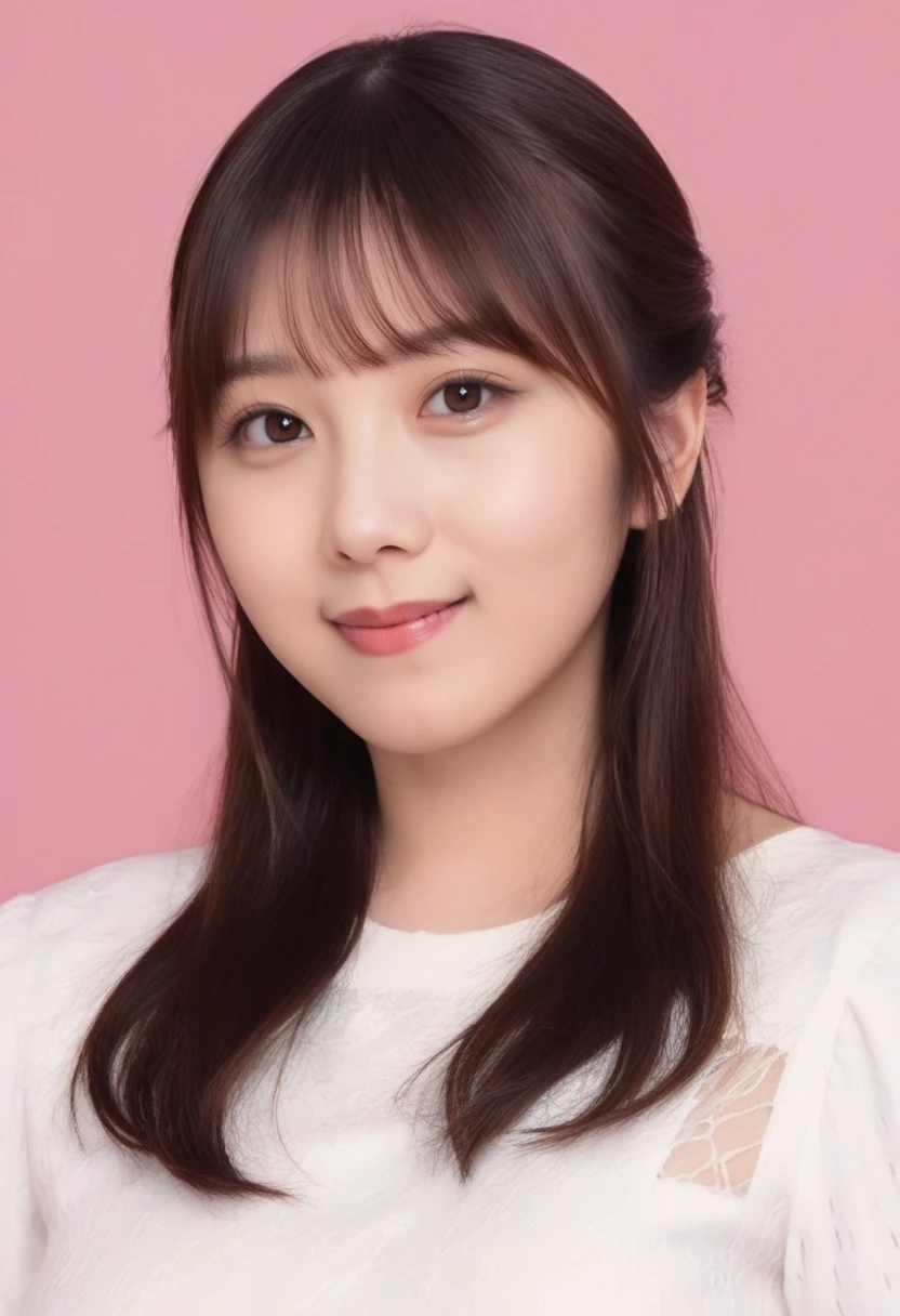 score_9,score_8_up,score_7_up,8k,hd,realistic,real life,photorealistic,detailed,realism,1girl,solo,eyelashes,eye make,straight hair,looking at viewer,<lora:yodachan_v4_novaa50_3150-000040:0.7>,yodachan,bangs,brown hair,half updo,bust shot,realism,realistic,simple background,pink background,(medium breasts:1.5),(fully clothed),(looking at viewer:1.2),smile,low lighting,plain neck,stand neck shirt,lace,