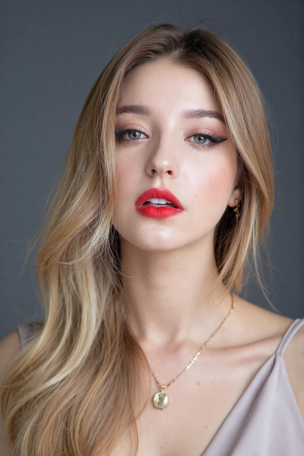 (medium full shot), beautiful blonde girl with dark eyeshadow and eyeliner, red lips, long wavy hair , wearing silk sleeveless dress, gray background, studio lighting, necklace, dslr, soft lighting, high quality, film grain, light reflections, blood vessels, , skin pores,blood vessels in sclera, detailed skin, beauty spots, skin fuzz, <lora:flux_realism_lora:1>, <lora:makinaflux_angelinadanilova_v1.0:1>