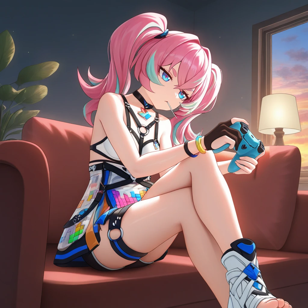 masterpiece, best quality, ultra-detailed, very asthetic, year 2023, very aesthetic, newest, scenery, highres, 4k, absurdres, 8k, colorful,vibrant, glowing, perfect face, 2d, perfect eyes, detailed eyes, 1girl, solo, white footwear, toeless footwear, bedroom, bedroom decor, indoors, window, dimmed light, lamp, potted plant, detailed background, evening, sun, sky, clouds, holding controller with both hands, sitting on couch, crossed legs, looking ahead, lollipop in mouth, bored, head tilt, raised eyebrow, from side, full body, foreshortening, pink hair, blue eyes, RozLil, Fol002, Rzl_8bt, thick eyebrows, short dress, high-waist skirt, multicolored skirt, pendant choker, o-ring top, o-ring, shorts under dress, alt short shorts, alternate black shorts, white bra, dark blue trim, o-ring thigh strap, bare shoulders, partially fingerless gloves, single glove, bracelets, alt jewelry, light blue hair, streaked hair, two side up, crossed belts, tetris print,