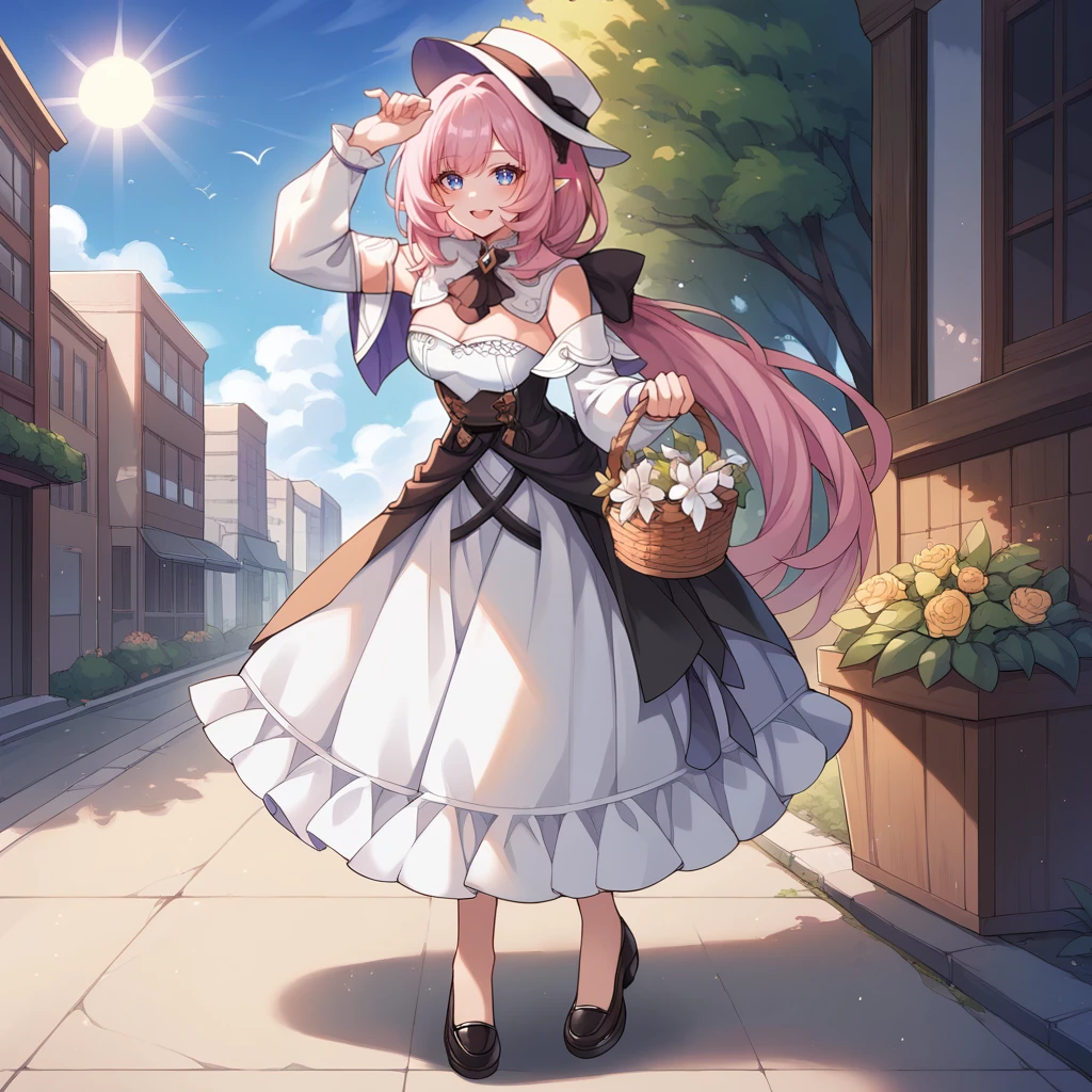 score_9_up, score_8_up, score_7_up, source_anime, 1girl, solo, sun, day, clouds, sky, outdoors, bushes, looking at you, street, standing, leaning forward, holding basket with both hands, flower basket, full body, smile, half-opened mouth, elysia (honkai impact), Elys, Fol002, Ely_Caf, pointy ears, long hair, low ponytail, pink hair, blue eyes, white capelet, capelet, white headwear, hat, black ascot, cleavage cutout, sleeveless dress, white dress, frilled dress, alt long skirt, alternate white skirt, detached sleeves, alternate white sleeves, sleeves past elbows, white ribbon, alternate ribbon, alt black corset, alt corset,