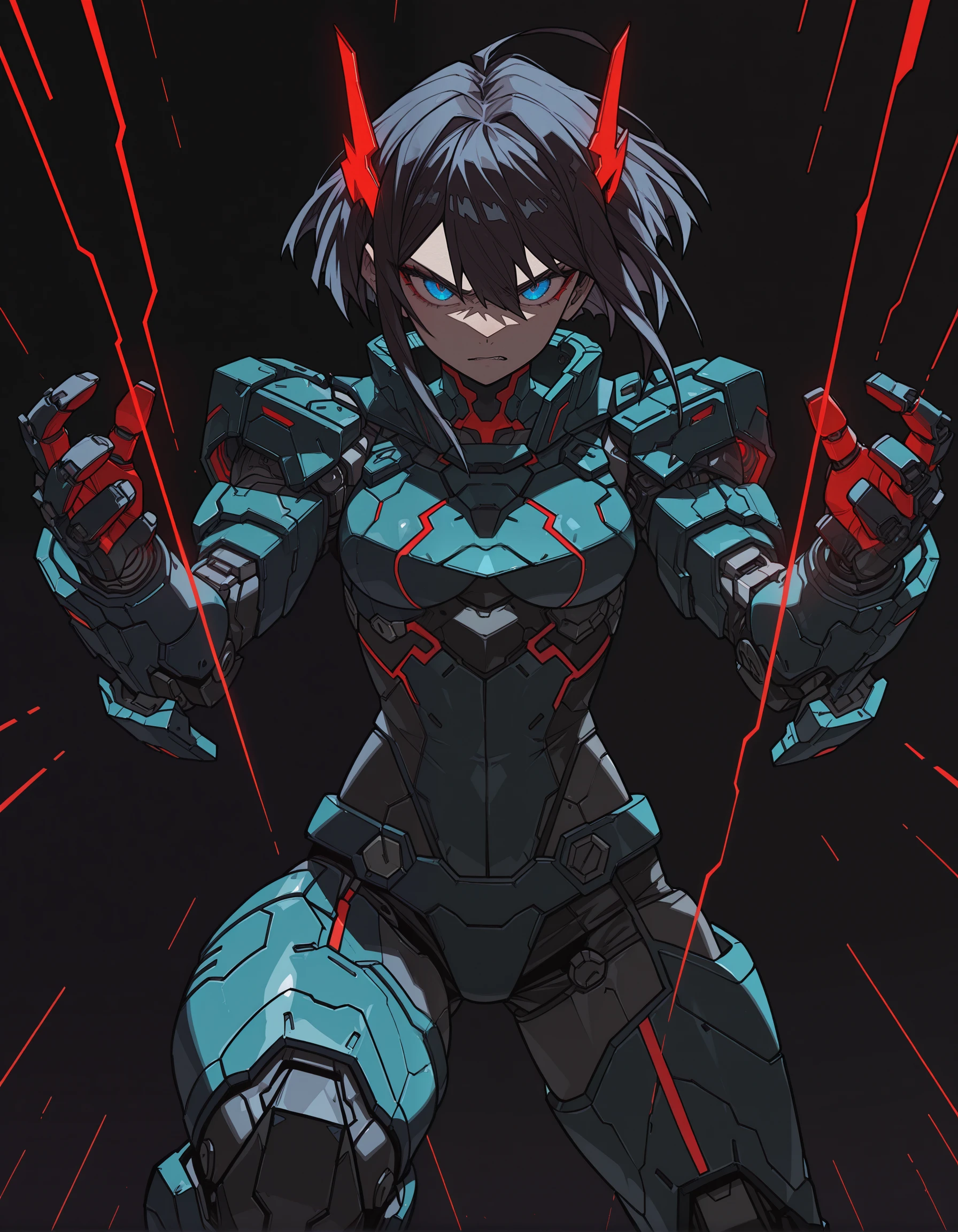 incredibly absurdres, masterpiece, absurdres, high quality, 7A3IFRHPR_illu, <lora:hwm4to7A3IFRHPR:1>,Anime warrior girl,vibrant colors, fierce expression, dark hair, futuristic armor, red and black color scheme, glowing blue eyes, intricate mechanical details, angular design, dynamic pose, robotic appendages, cyberpunk aesthetic, dark teal background, yellow circular accent, digital art style, bold lines, sharp contrasts, high energy, stylized anime illustration