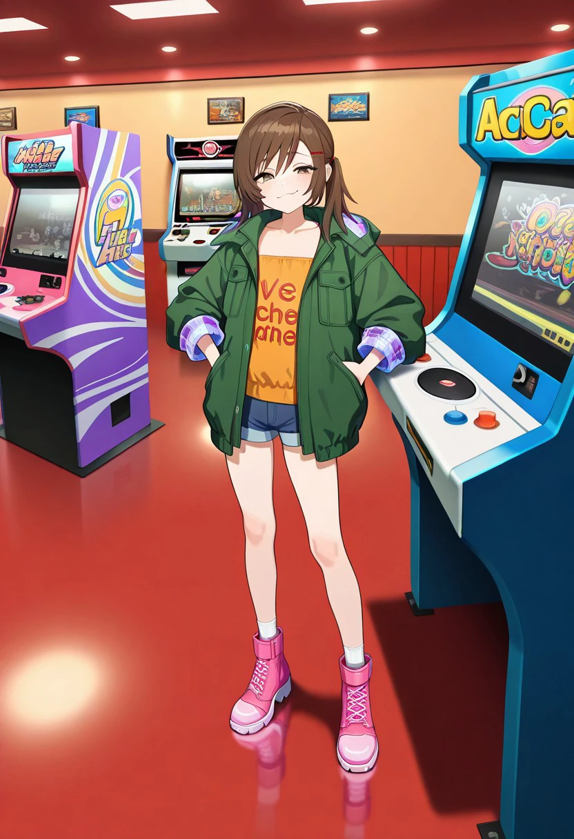official art, masterpiece, best quality, absurdres, very aesthetic, 1girl, solo, female focus, misa_GB, brown eyes, brown hair, flat chest, hair ornament, hair clip, asymmetrical hair, short twintails, green jacket, hooded jacket, open jacket, collared jacket, blue plaid hood, blue plaid sleeve cuffs, collarbone, orange shirt, low-cut shirt, text print, clothes writing, short shorts, denim shorts, ankle socks, white socks, ankle boots, pink footwear, full body, standing, looking at viewer, smug, arcade, arcade machines, indoors, thumbs up,