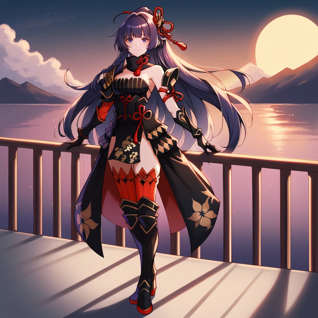 score_9_up, score_8_up, score_7_up, source_anime, 1girl, solo,
detailed background, evening, sun, sky, clouds, full body, Japanese architecture, Japanese decor, townscape, balcony, railing, standing, hand on railing, hand in hair, floating hair, breeze, windy, seductive smile, closed mouth, looking at viewer, outdoors, purple hair, long hair, raiden mei, RMei, Fol002, RM_Shd, blue eyes, side braid, japanese armor, black armor, alt shoulder armor, black turtleneck, spiked armor, strapless dress, gold stripes, black dress, argyle print, corset, alt black footwear, black corset, red ribbon, red tassel, red sleeves, medium sleeves, alt gloves, alternative black gloves, hair ornament, hair ribbon, turtleneck, single bare shoulder, single sleeve, armband, black wrist guards, alternative thighhighs, red thighhighs, armored boots, alt thigh boots, alt thigh open skirt, black skirt, layered skirt, short pelvic curtain, black pelvic curtain, ponytail,