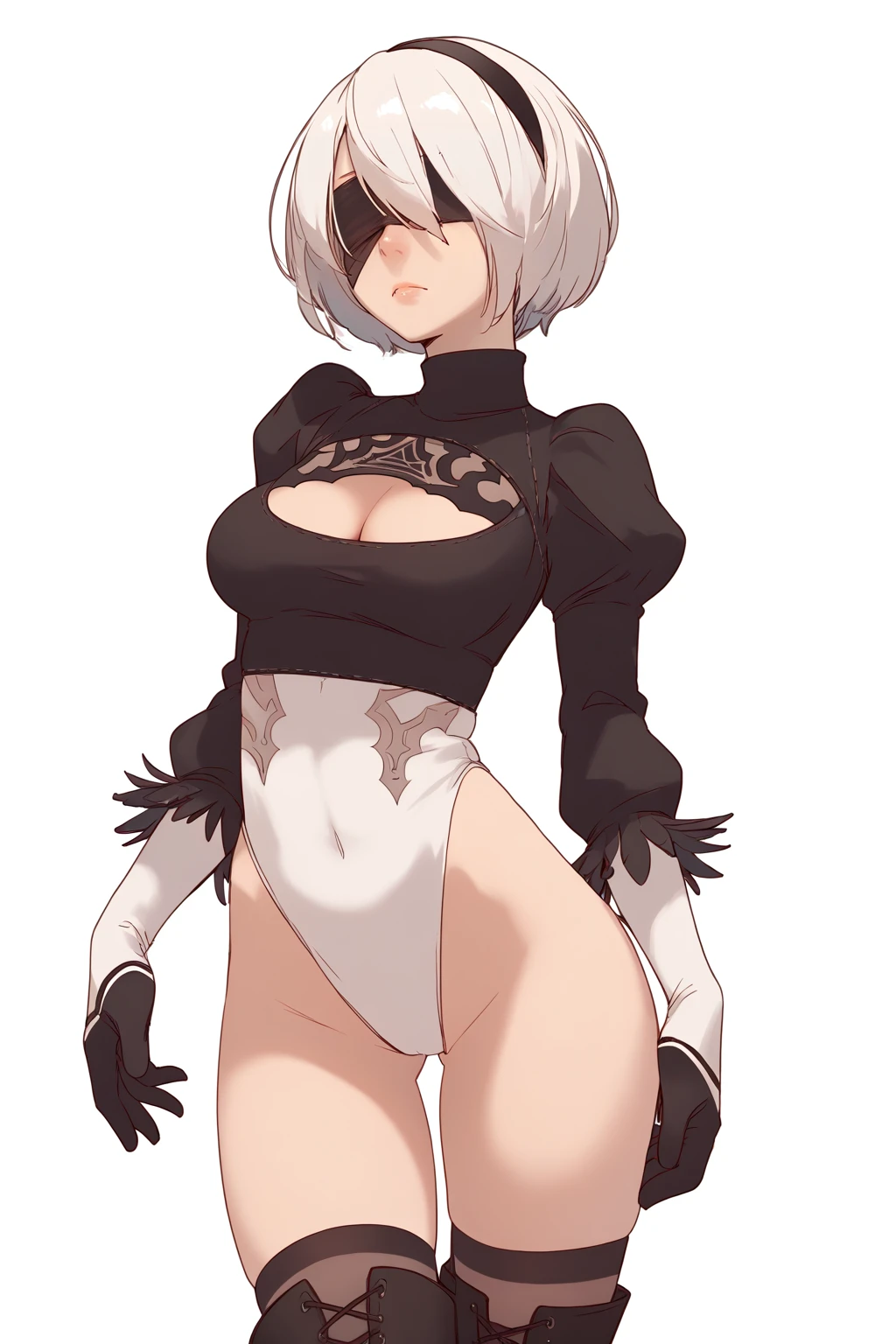 masterpiece, best quality, highres, hm2b, light blue eyes, mole under mouth, clothing cutout, long sleeves, puffy sleeves, juliet sleeves, feather trim, black thighhighs, black gloves, covered navel, (white_leotard:1.2), <lora:y2b_v2-1:0.7>, indoors, factory, standing, cowboy shot