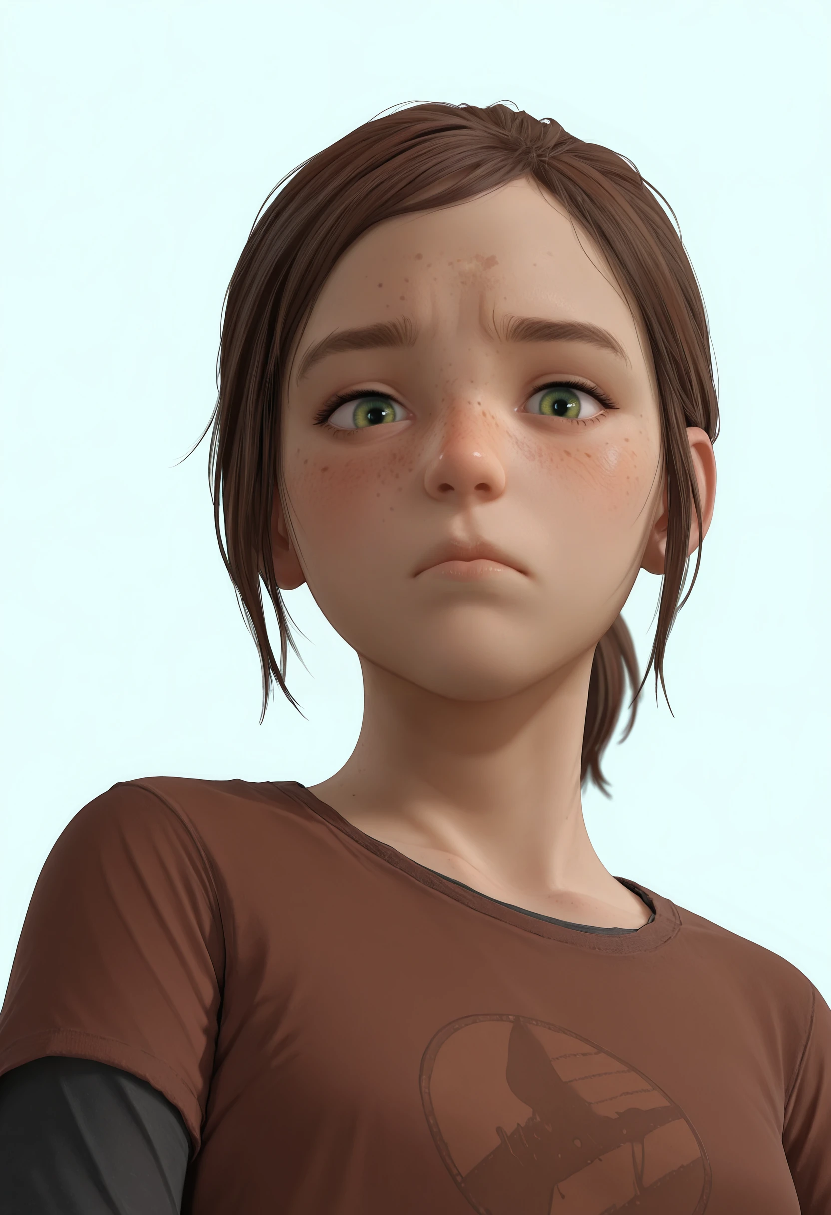 masterpiece, best quality, amazing quality, very aesthetic, absurdres, newest, <lora:EllieTLOU1ILf:0.75> ellif, 1girl, brown hair, short hair, ponytail, freckles, green eyes, shirt, layered sleeves, upper body, looking at viewer, blush, frown, from below,
light blue background, simple background,