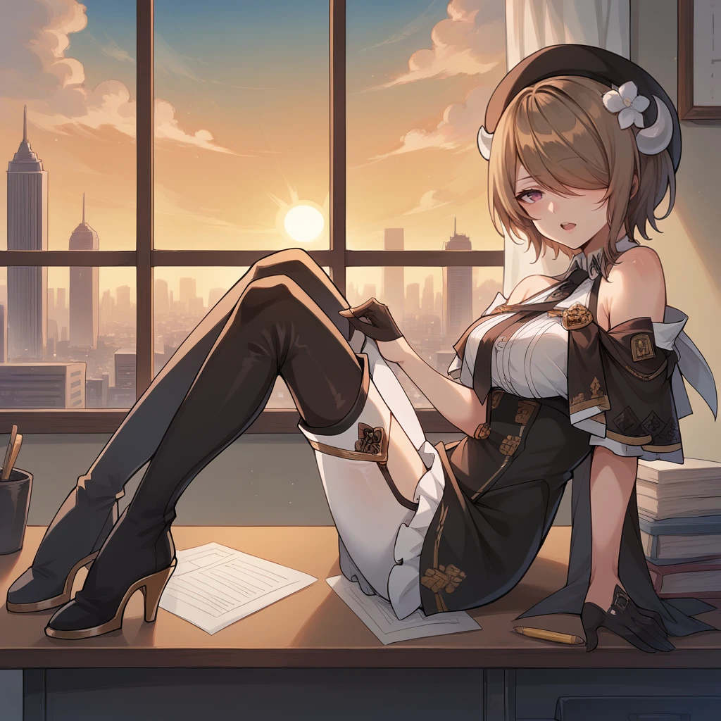 score_9_up, score_8_up, score_7_up, source_anime, 1girl, solo, office, military office, window, sun, sky, clouds, cityscape, detailed background, computer, documents, arm rest, holding clipboard, holding pencil, head tilt, curious, open mouth, full body, sitting on desk, looking at you, from side, brown hair, hair over one eye, purple eyes, rita rossweisse, Rita, Fol001, Ri_VD, white shirt, halter shirt, black necktie, bare shoulders, thigh cutout, white leggings, leggings under thigh boots, garter straps, black garter straps, black footwear, (alt thigh boots)++, high-waist skirt, alt black skirt, frilled skirt, off-shoulder capelet, black capelet, horn hair ornament, single horn, white horn, clothing cutout, black headwear, beret, hat flower, white flower, alt black gloves, gloves, detached sleeves, sleeves past elbows, white sleeves,