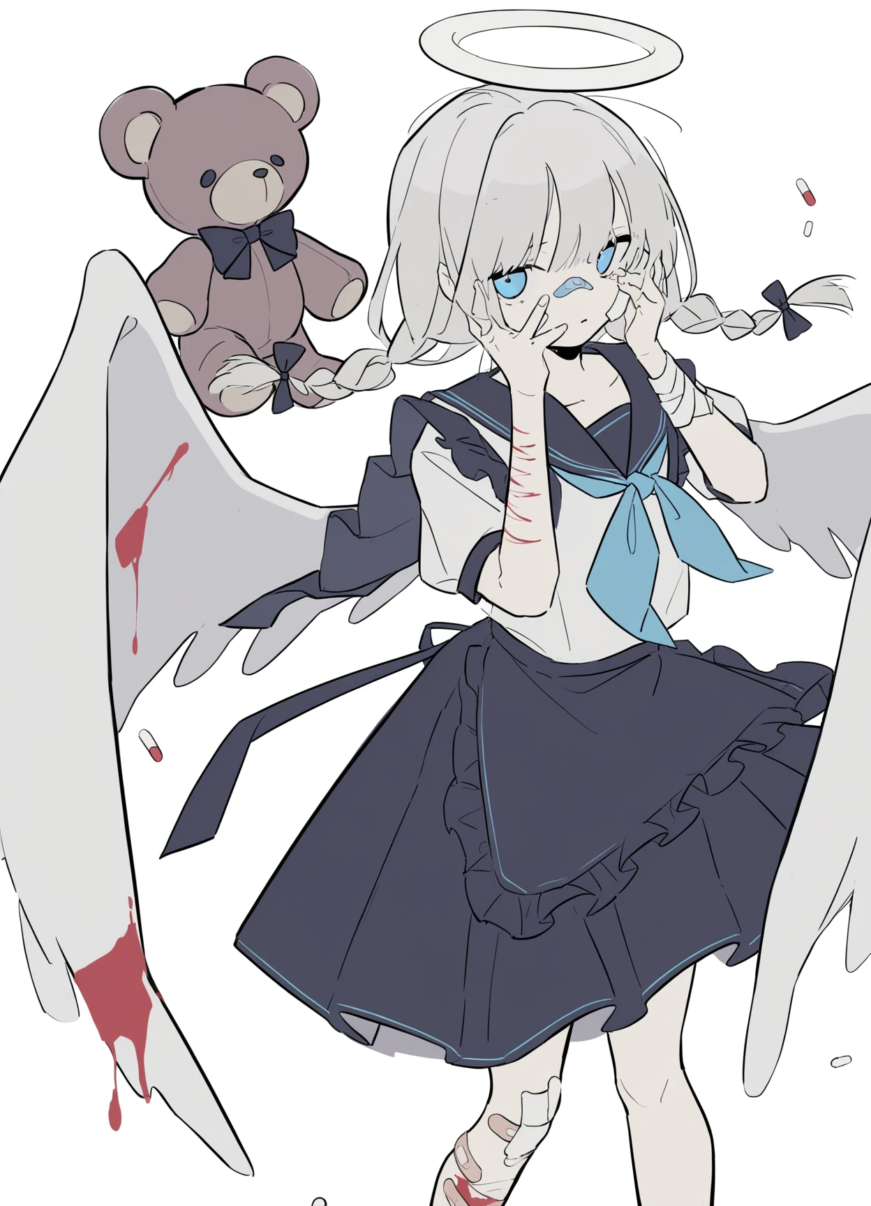1girl,bandaid,solo,halo,wings,braid,stuffed toy,stuffed animal,teddy bear,bandages,pill,apron,bandaid on face,sailor collar,twin braids,angel wings,blood,bow,skirt,self-harm,neckerchief,looking at viewer,white hair,angel,hair bow,short sleeves,injury,black bow,blue eyes,long hair,bandaid on leg,white background,shirt,knife,white shirt,blue neckerchief,hands on own face,puffy sleeves,serafuku,black sailor collar,frilled apron,school uniform,grey hair,closed mouth,bandaid on nose,gauze,frills,black skirt,blue sailor collar,simple background,feathered wings,white wings,<lora:moa_(fade64222)_nb11-xl-re1-000017:1>,