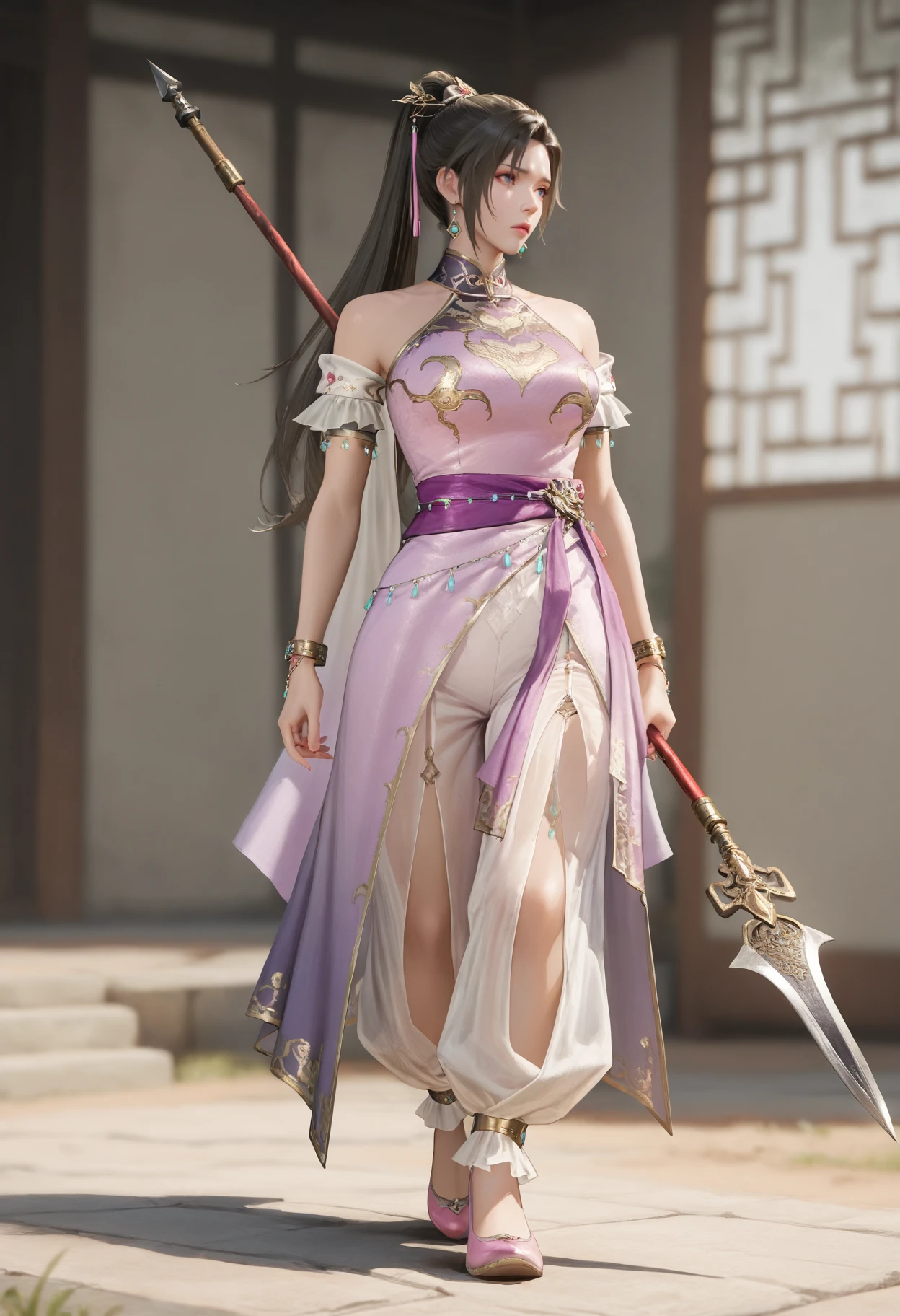 masterpiece, best quality, realistic,
1girl, solo,
 <lora:Diaochan [IL]:0.8> diaochan, 1girl, jewelry, earrings, black hair, blue eyes, long hair, ponytail, hair ornament||, bare shoulders, dress, purple dress, bracelet, chinese clothes, || puffy pants, pink shoes, 
holding weapon, polearm, 
fight scene,