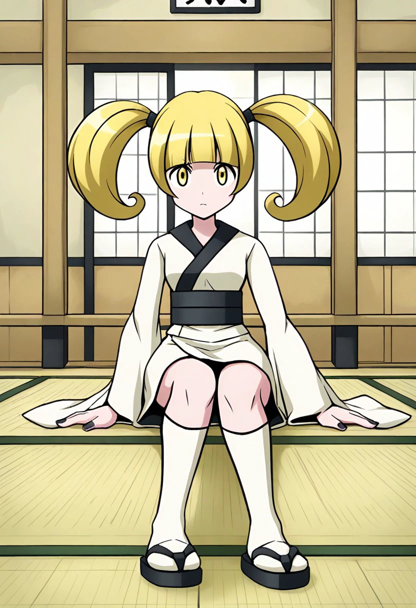 1girl, solo, sitting, dojo, tatami, full_body, close-up, girl_focus, furikatherine, twintails, blonde_hair, yellow_eyes, japanese_clothes, kimono, white_kimono, sash, wide_sleevees, kneehighs, white_socks, sandals, black_footwear, black_nails