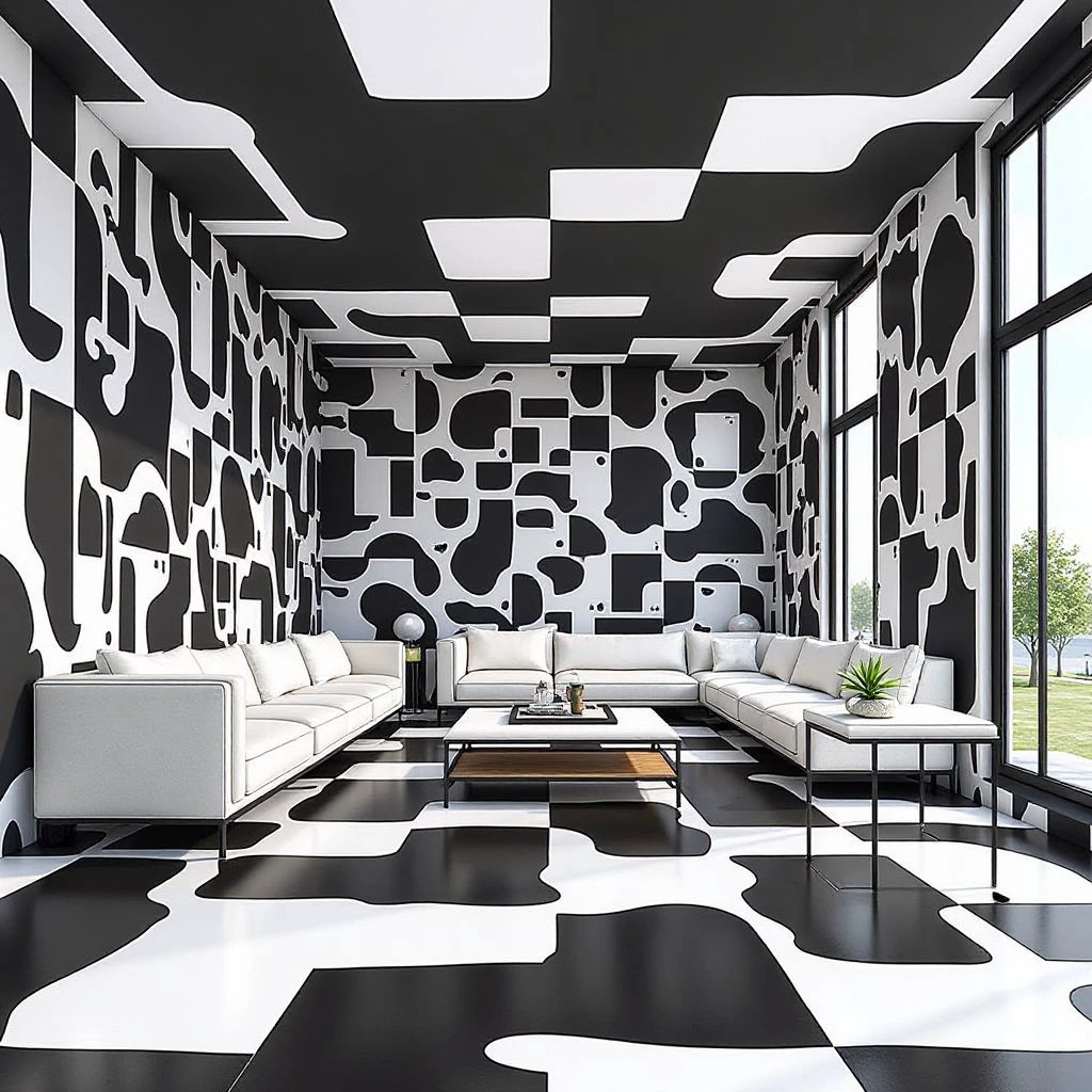 masterpiece ultra hd photo,an op-art design of a living room covered in white and black quadrants, vacay, with optical illusion effects, vasarely style
<lora:FLUX.1-Turbo-Alpha:1> <lora:fluxillusion:1>