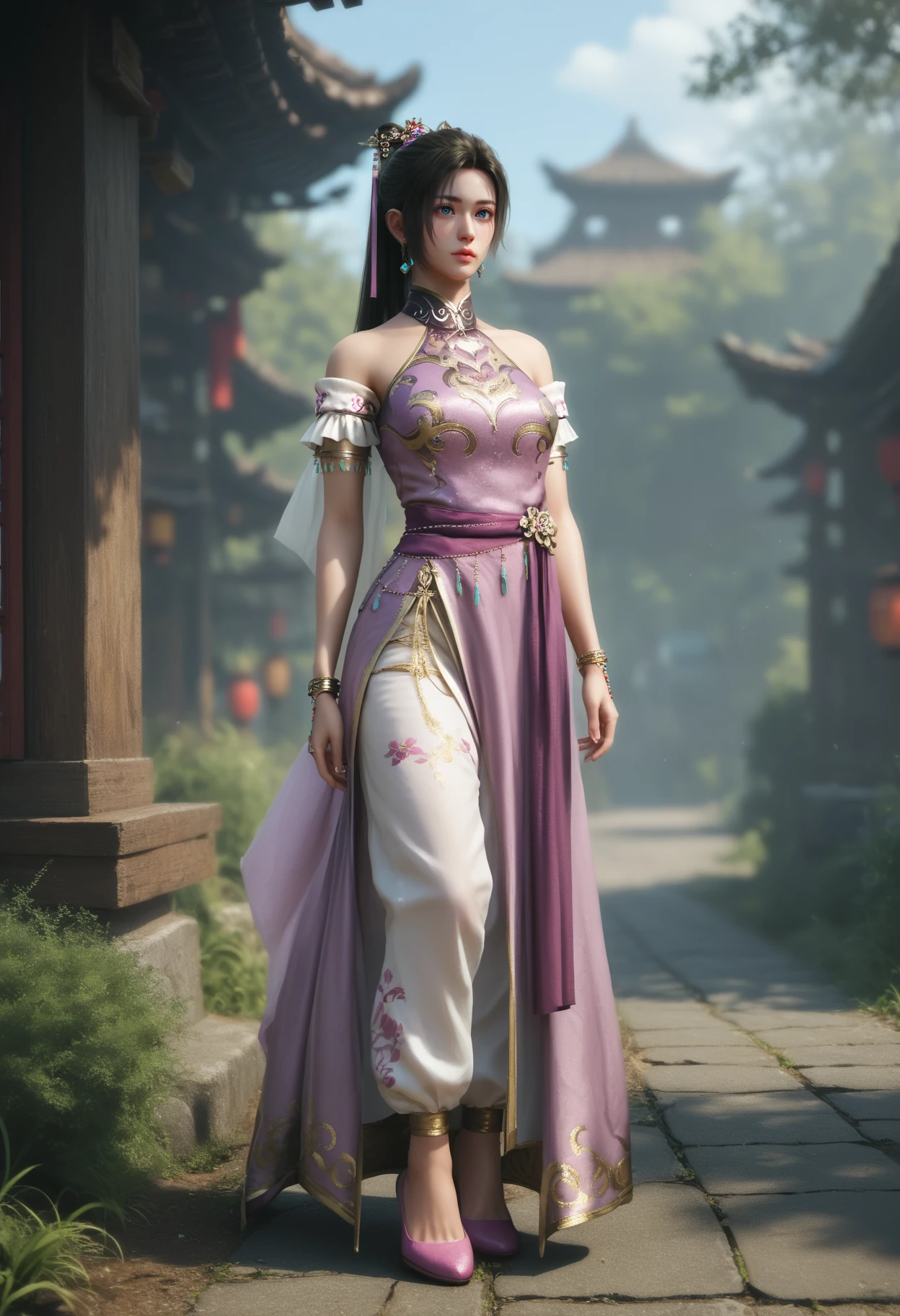 score_9_up, score_8_up, score_7_up, score_6_up, score_5_up, score_4_up,realistic, strong lighting,
1girl, solo, portrait, 
 <lora:Diaochan [pony]:0.6> diaochan, 1girl, jewelry, earrings, black hair, blue eyes, long hair, ponytail, hair ornament||, bare shoulders, dress, purple dress, bracelet, chinese clothes, || puffy pants, pink shoes, full body, 
glistening eyes, glossy lips,