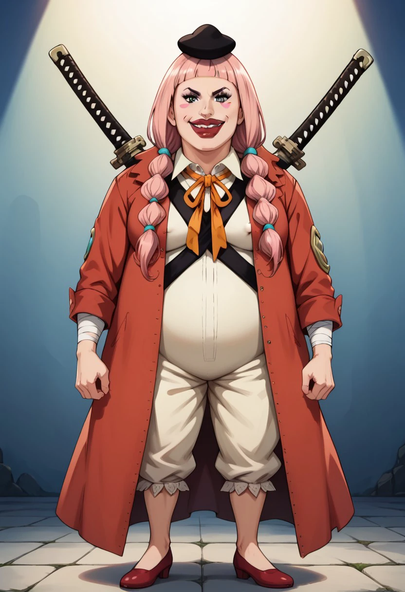 CharlotteLolaOP, 1girl, solo, chubby, long hair, pink hair, bangs, black hat, two pigtails, braids, black eyes, nose, shiny red lips, blush stickers, large head, teeth, one missing tooth, makeup, large breast, large belly, red coat, light green clothes, collar, neck ribbon, shoes, bandages, weapon, katana, weapon on back,
seductive pose, sexy pose, tease, in the spotlight,,
smile, jojo reference,
score_9, score_8_up, score_7_up, beautiful aesthetic, very intricate, high quality details,vibrant, highly detailed, award-winning, professional,anime artwork, anime style, studio anime, athletic, curvy body, athletic girl, perky tits,large breast,perfect tits, round breasts, nipple outline,looking at viewer, pinup pose,teasing, dynamic lighting, cinematic, smug, better than you, aura of temptation, highly detailed, high resolution, masterpiece, detailed clothes, detailed background, highly detailed, ((sound effects)) comic layout,