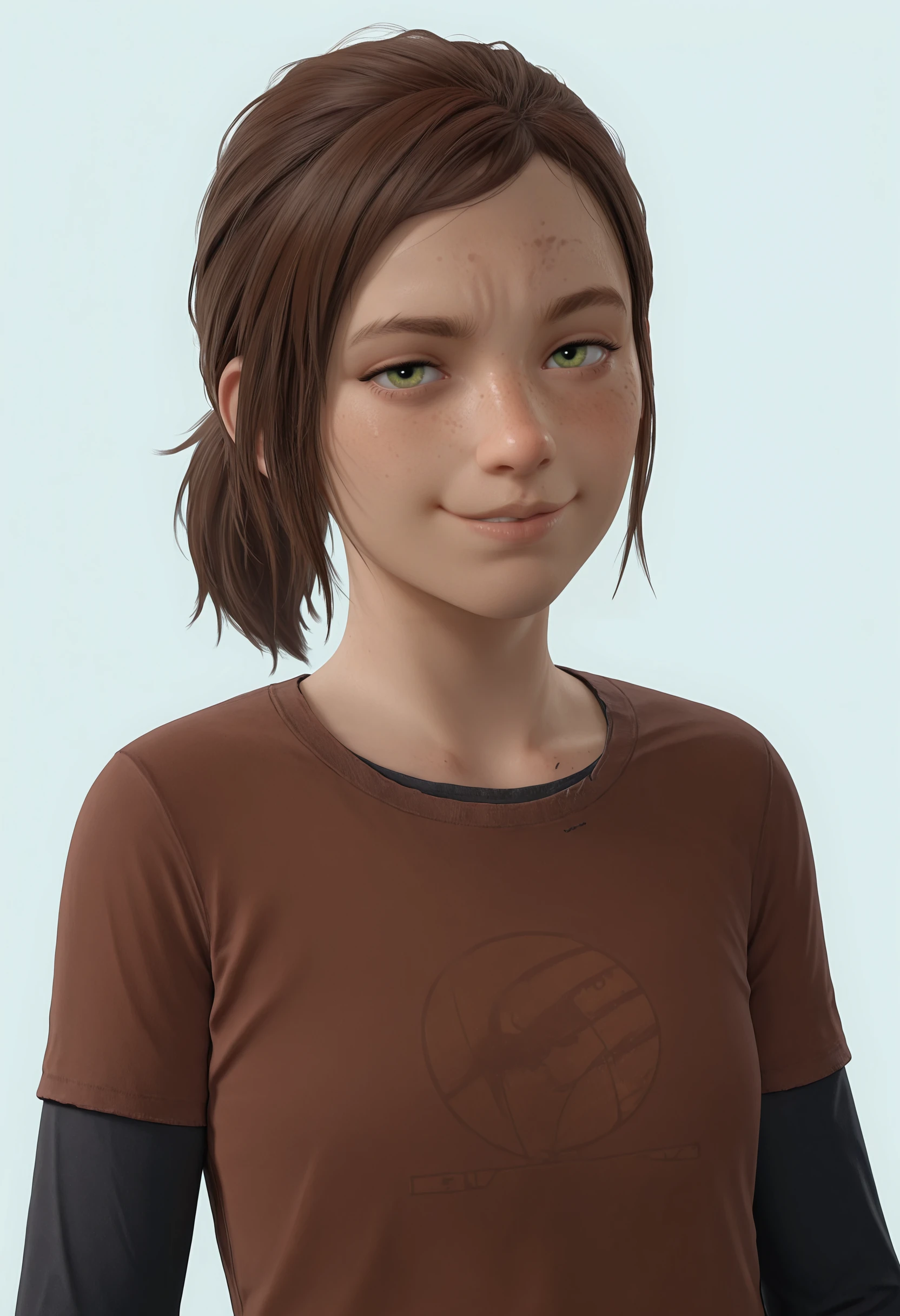 masterpiece, best quality, amazing quality, very aesthetic, absurdres, newest, <lora:EllieTLOU1ILf:0.75> ellif, 1girl, brown hair, short hair, ponytail, freckles, green eyes, shirt, layered sleeves, upper body, looking at viewer, smirk,
light blue background, simple background,