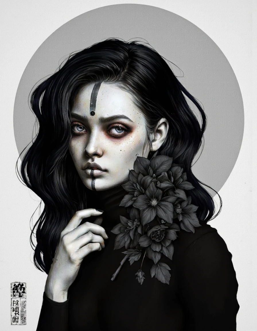 By Laura H. Rubin. A highly detailed, monochromatic digital illustration of a young woman with an ethereal, almost gothic aesthetic. The artwork is rendered in a hyper-realistic style, with a focus on texture and depth. The subject has long, wavy dark hair cascading over her left shoulder and adorned with a cluster of black flowers, adding a touch of natural contrast to her otherwise stark appearance. Her skin is pale, with a slight sheen, and she has striking, almond-shaped eyes with dark eyeliner and mascara, giving her an intense, almost haunting expression. She wears a high-necked, long-sleeved black top, which complements her dark makeup and hair. Her lips are painted black, and she has a small, dark dot on her forehead, adding to the mysterious and slightly otherworldly atmosphere of the piece. The background is minimalist, featuring a large, light grey circle behind her head, which helps to highlight her face and hair. The overall color palette is monochromatic, with shades of black, grey, and white, enhancing the dramatic and somber mood of the illustration. The texture of her hair and the fine details of her makeup create a striking visual impact. <lora:Laura_H._Rubin_II:0.8>