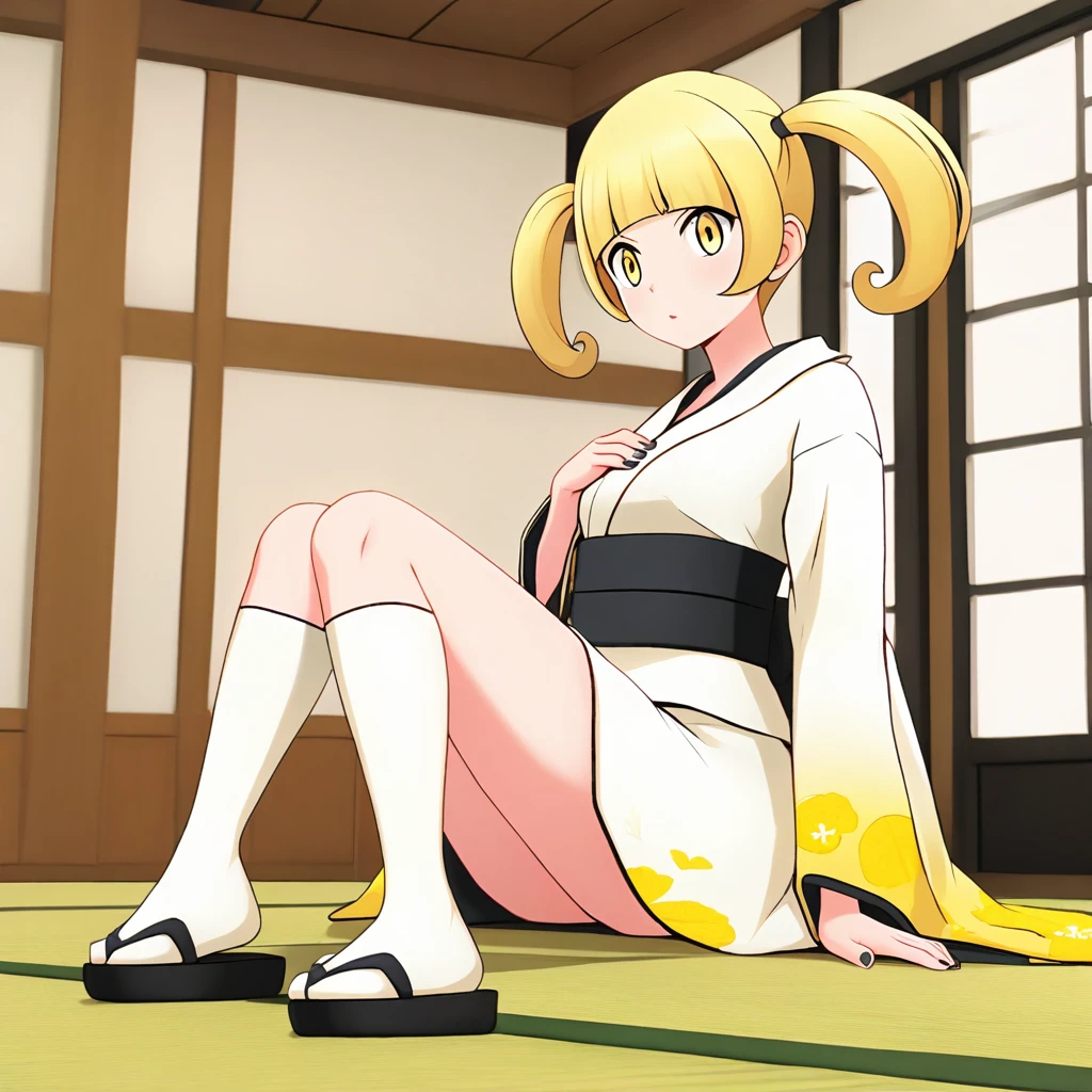1girl, solo, sitting, dojo, tatami, full_body, close-up, girl_focus, furikatherine, twintails, blonde_hair, yellow_eyes, japanese_clothes, kimono, white_kimono, sash, wide_sleevees, kneehighs, white_socks, sandals, black_footwear, black_nails