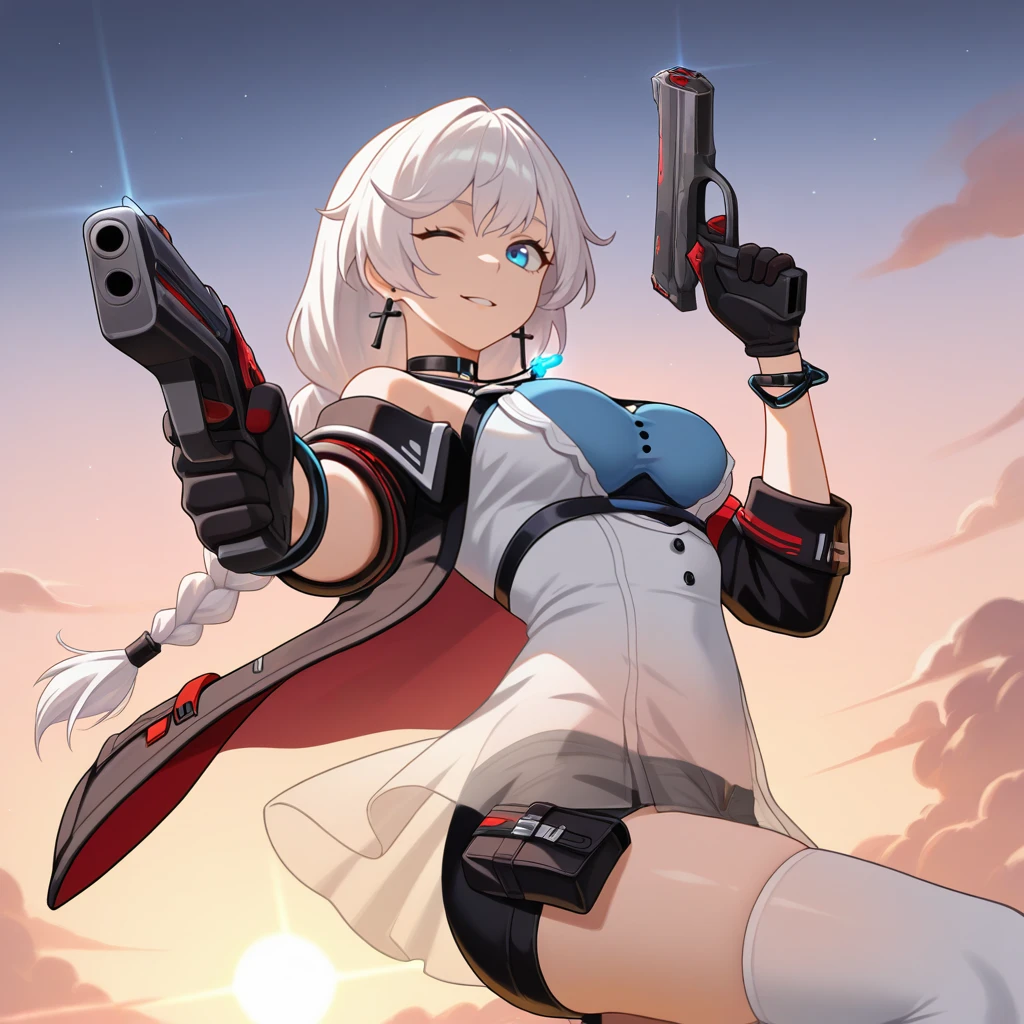 masterpiece, best quality, ultra-detailed, very asthetic, year 2023, very aesthetic, newest, scenery, highres, 4k, absurdres, 8k, colorful,vibrant, glowing, perfect face, 2d, perfect eyes, detailed eyes, 1girl, solo, sun, sky, clouds, evening, upper body, face focus, from side, from below, holding guns, black pistols, weapon, dual wielding, wink, confident smile, parted lips, foreshortening, cowboy shot, floating, midair, bend knees, looking at viewer, angled shot, pointing gun at viewer, pointing gun up, KalKas, Fol002, Kk_Snd, white hair, long hair, braided ponytail, blue eyes, white dress, straped dress, chest strap, shoulder straps, pendant, black collar, cross earrings, blue bra, buttons, underbust, thighhighs, white thighhighs, thigh pouch, see-through skirt, micro shorts, black shorts, bare shoulders, off-shoulder jacket, alt black jacket, red colored inner jacket, sleeves past elbows, alt black sleeves, black bracelet, alt gloves, black gloves,