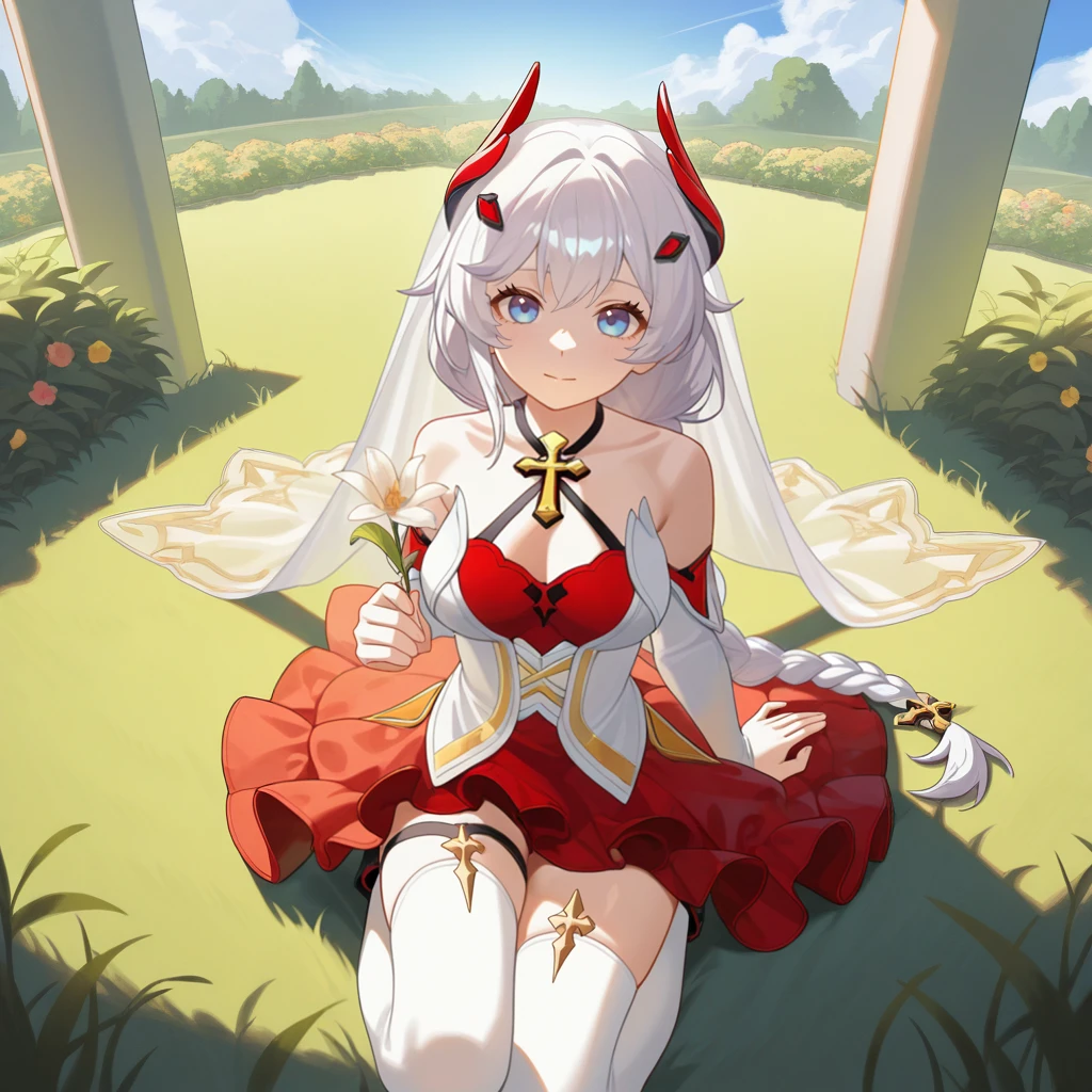 masterpiece, best quality, ultra-detailed, very asthetic, year 2023, very aesthetic, newest, scenery, highres, 4k, absurdres, 8k, colorful,vibrant, glowing, perfect face, 2d, perfect eyes, detailed eyes, 1girl, solo, garden, flowers, flower bushes, white terrace, outdoors, trees, vines, detailed background, day, sun, sky, clouds, sitting on grass, from above, seiza, black footwear, holding flower, hand on ground, raised hand, looking at viewer, gentle smile, closed mouth, head tilt, slight blush, angled shot, full body, foreshortening, KalKas, Fol003, Kk_Hym, white hair, long hair, braided ponytail, blue eyes, frilled dress, sleeveless dress, halterneck, red dress, alt corset, white corset, criss-cross halter, alternate jewelry, cleavage, alt detached sleeves, white long sleeves, red bra, alternate white thighhighs, bridal veil, hair ornament, gold cross, thigh strap, criss-cross straps, bare shoulders,