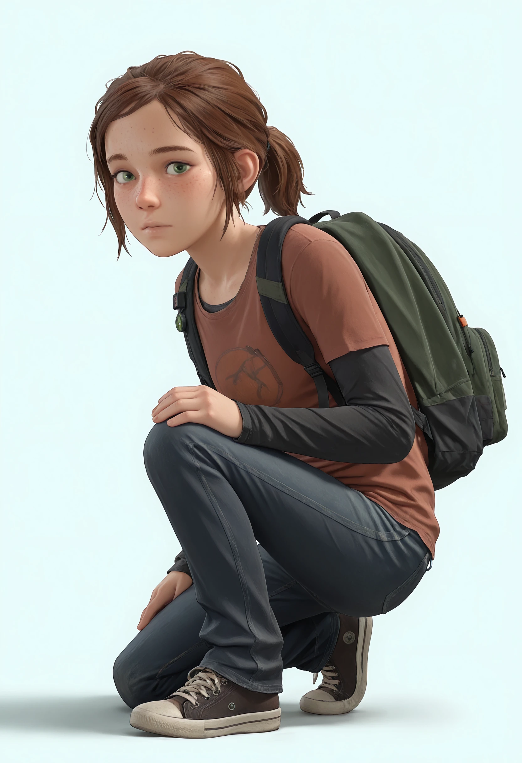 masterpiece, best quality, amazing quality, very aesthetic, absurdres, newest, <lora:EllieTLOU1ILf:0.75> ellif, 1girl, brown hair, short hair, ponytail, freckles, green eyes, shirt, layered sleeves, backpack, denim, pants, shoes, full body, one knee, looking at viewer,
light blue background, simple background,