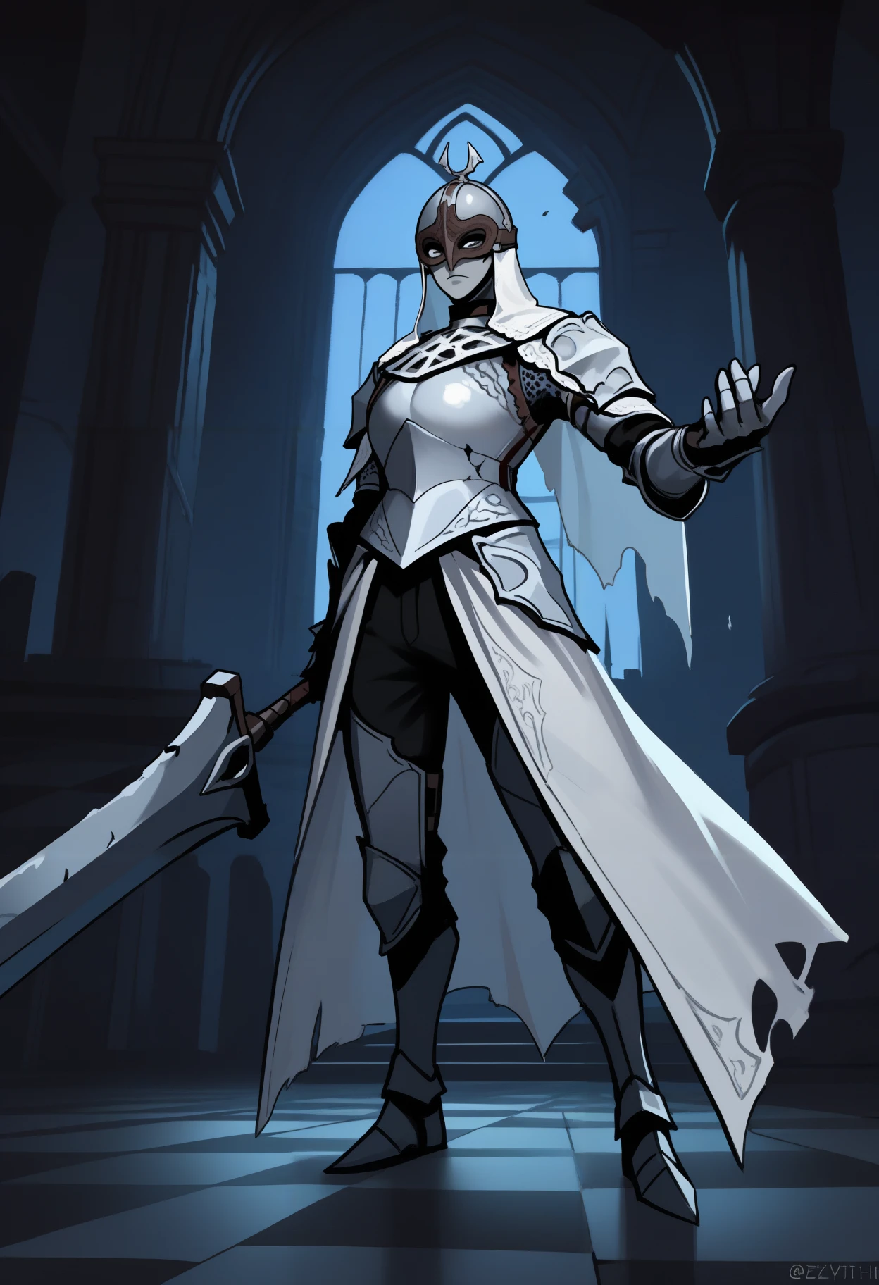 masterpiece, best quality, newest, hdr, night, castle, checkered floor, indoors, pillar, window, closed mouth, 1boy, solo, expressionless, looking at viewer, eztmnzrth, colored skin, grey skin, white veil, white capelet, helm, eye mask, covered eyes, breastplate, chainmail, shoulder armor, gauntlets, faulds, waist cape, white cape, greaves, fighting stance, holding huge weapon, dynamic pose, foreshortening, full body, incoming attack, torn clothes, broken armor,
<lora:Throne Watcher:0.8>