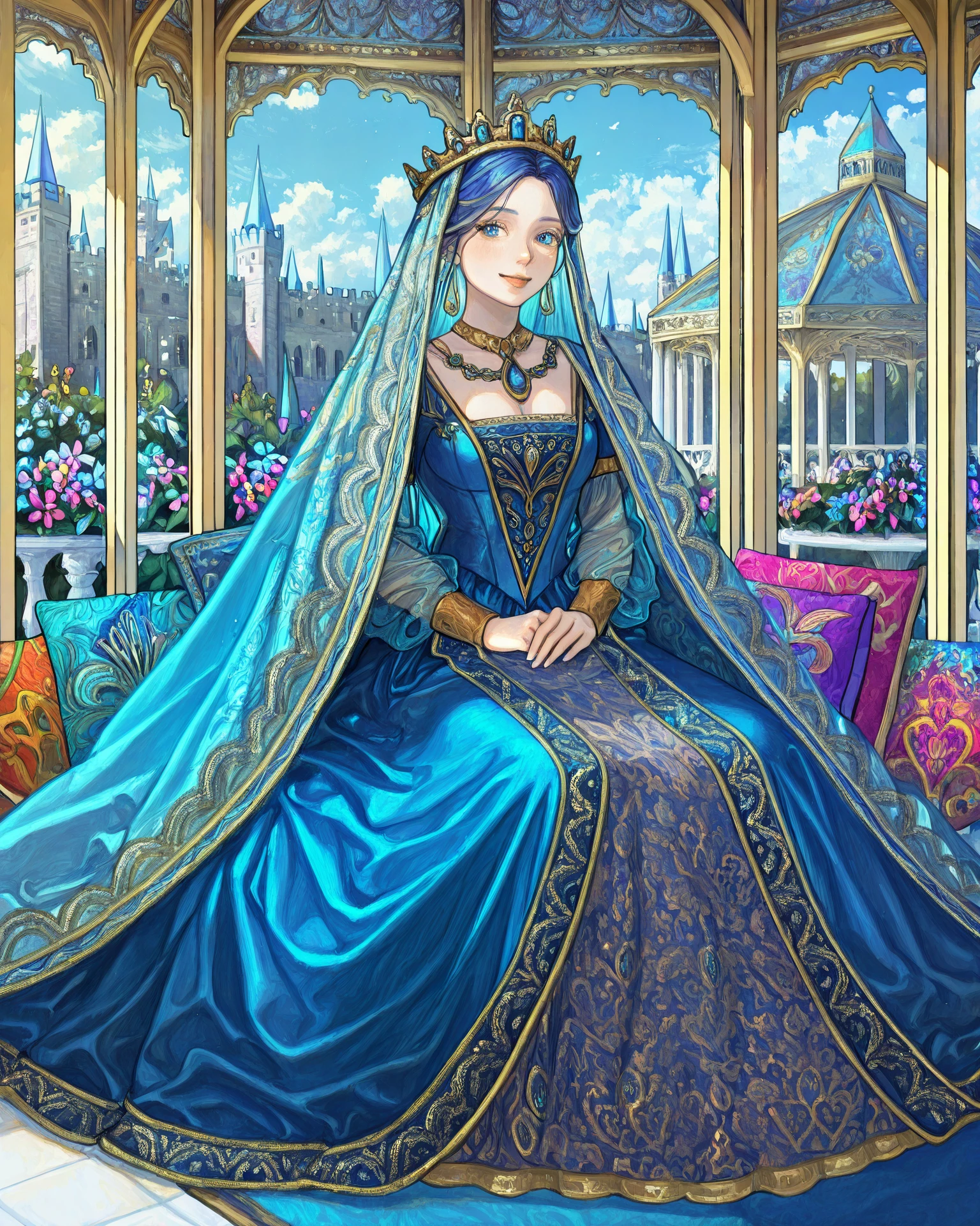 1girl, wearing medfa, medfa clothing, sitting, castle garden, gazebo, colorful cushions, purple and blue clothing, gold accents, flowers, summer day, extremely detailed clothing, jacquard fabric, intricate embroidery, masterpiece, highest quality, absurdres, digital art, very detailed, 8k, best quality, high resolution, <lora:Medieval_Fashion_Illustrious:1.2>, <lora:HaruwosiILL:1> haruwosi